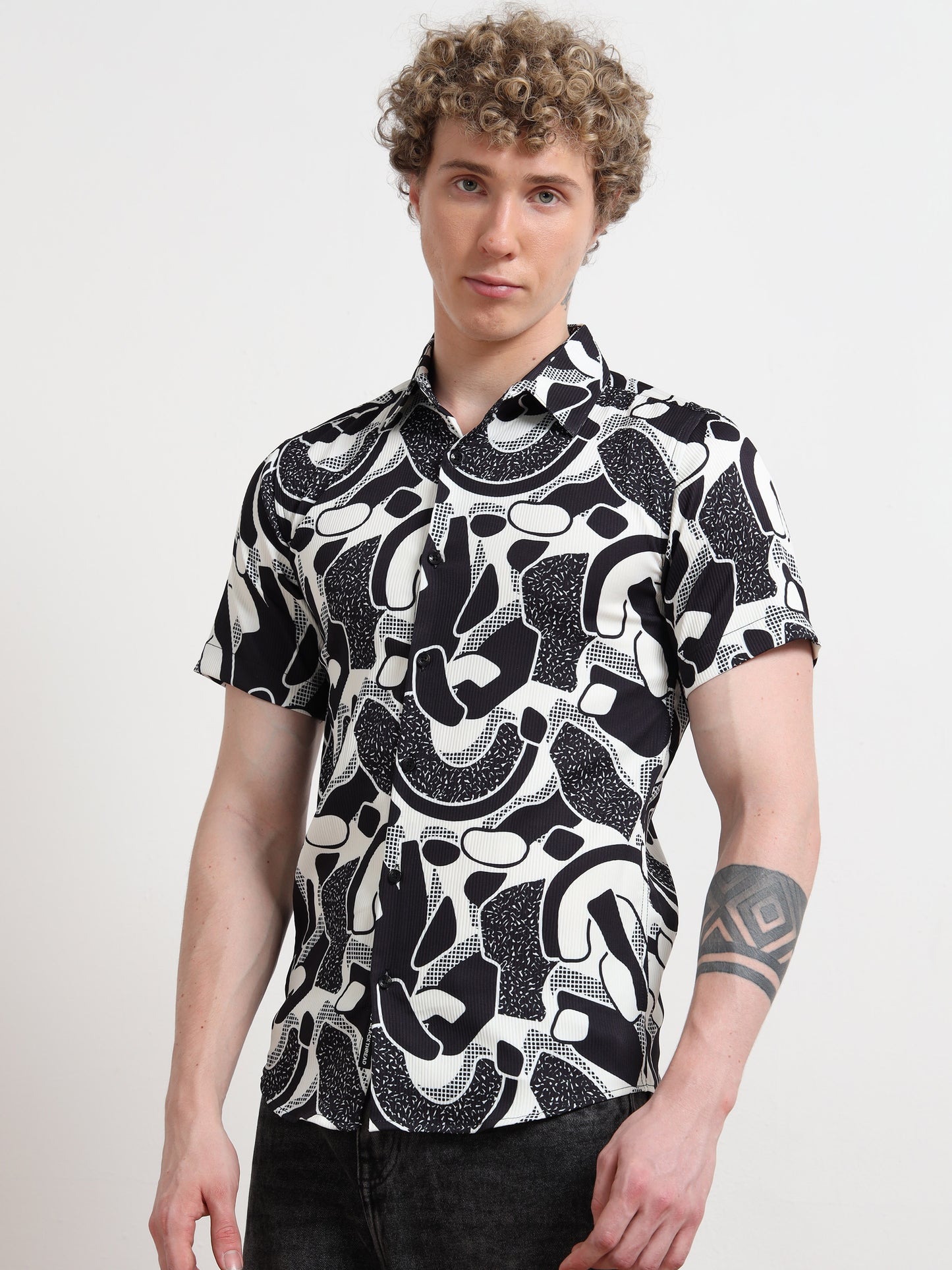 Poly Cotton Digital Black And White Print Shirt for Men