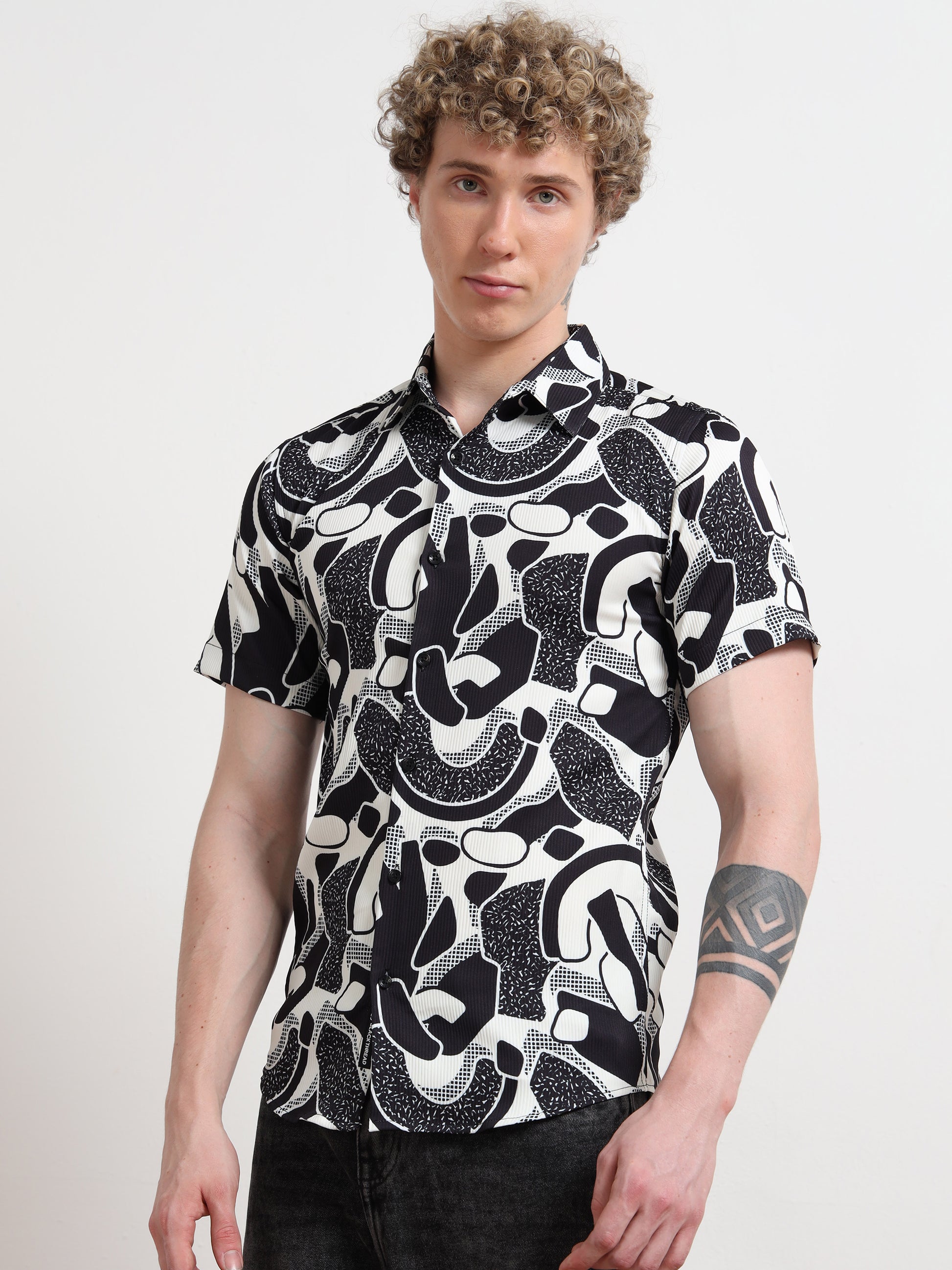 Poly Cotton Digital Black And White Print Shirt for Men