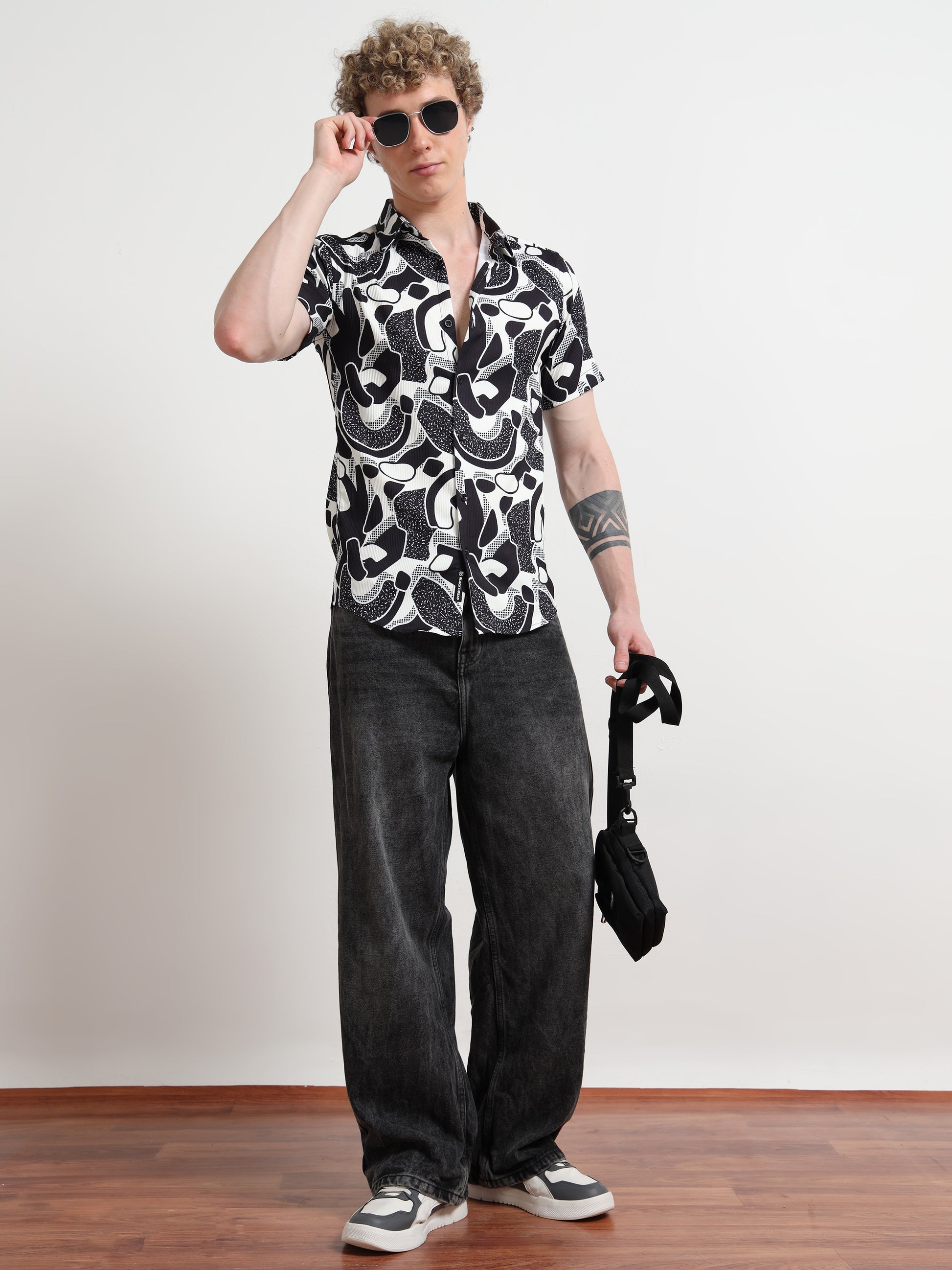 Poly Cotton Digital Black And White Print Shirt for Men