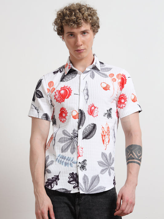 Leaf White Half Sleeve Digital Print Shirt