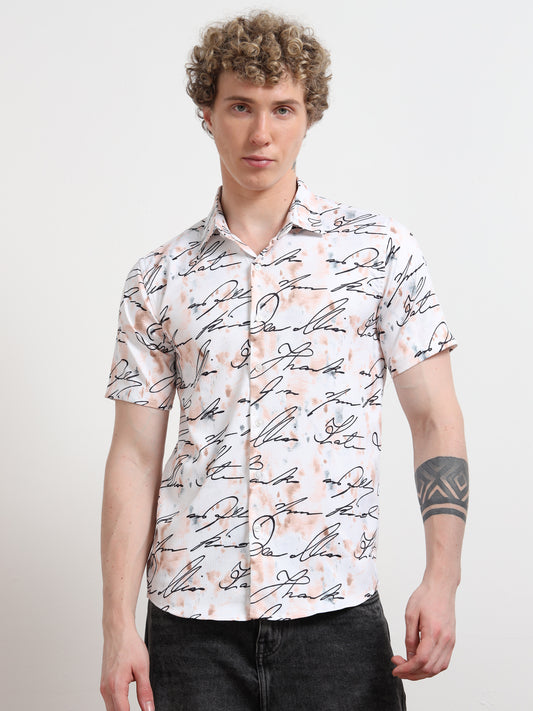 White calligraphy Half Sleeve Poly Cotton Digital Print Shirts