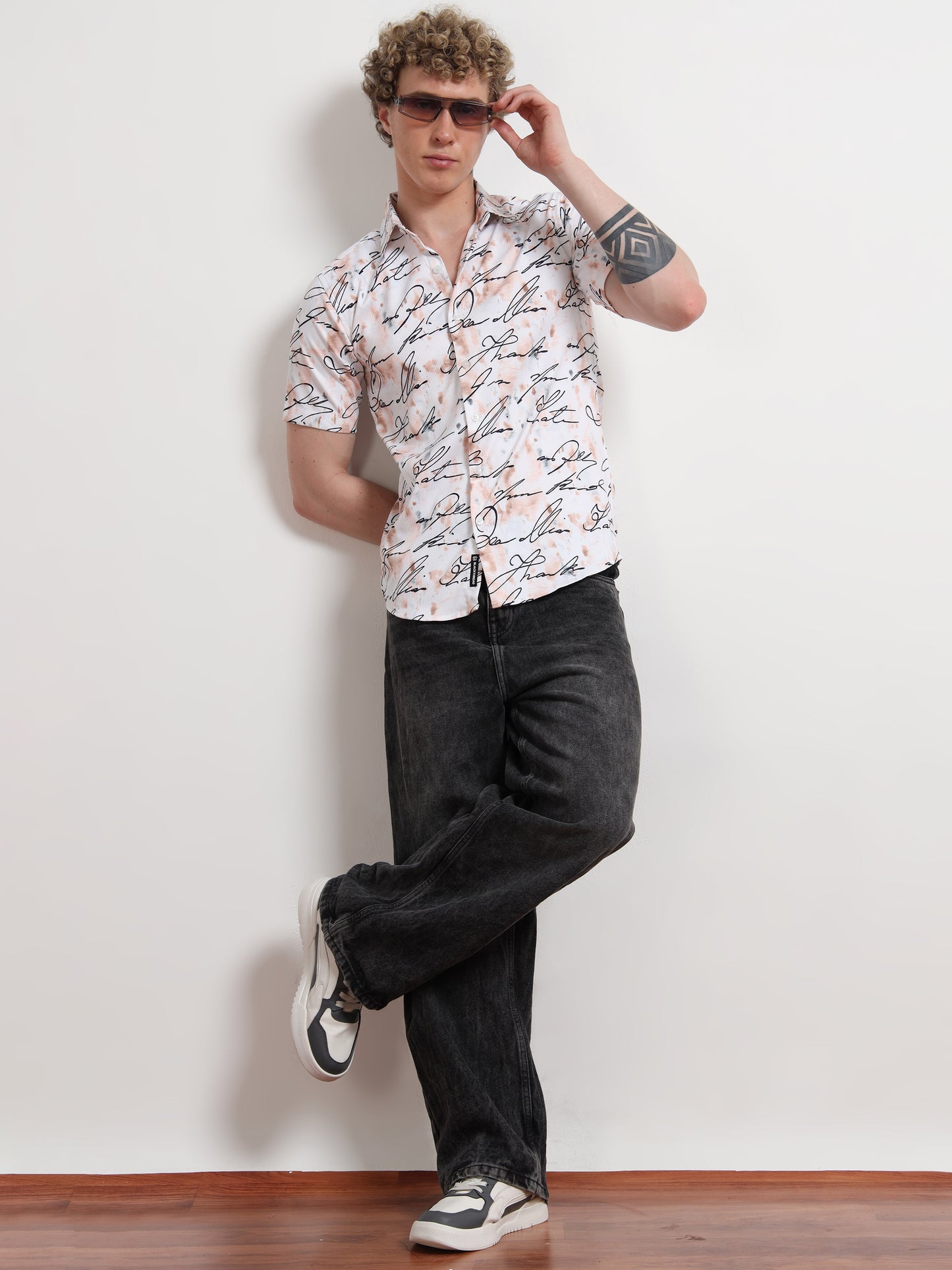 White calligraphy Half Sleeve Poly Cotton Digital Print Shirts
