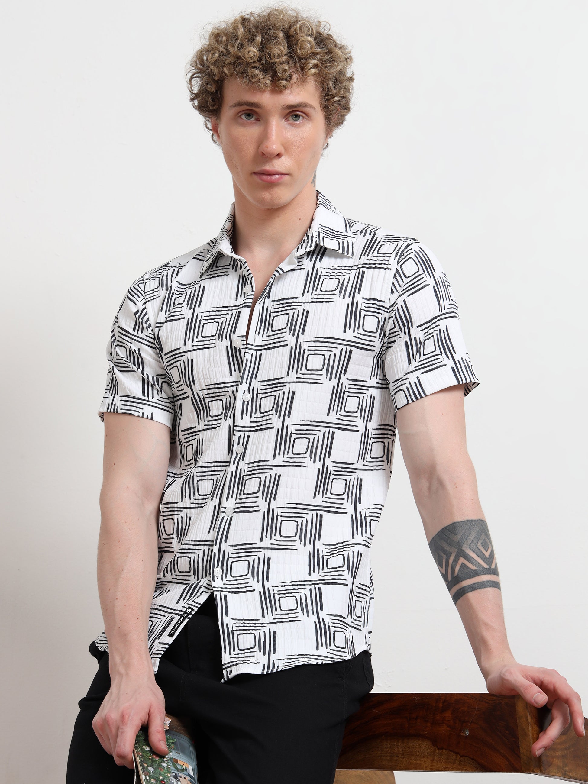 Black & White Digital Printed Cube Shirt for Men