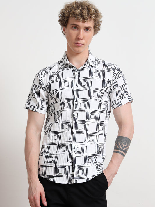 Cube Black & White Half Sleeve Poly Cotton Digital Print Shirts