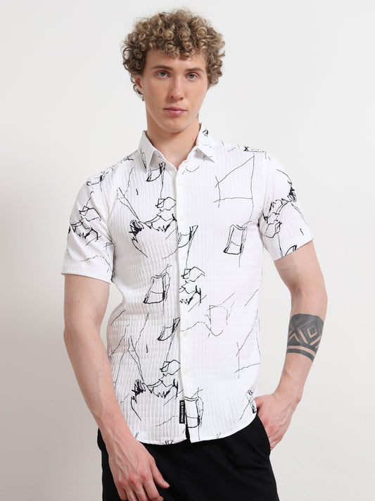 White Half Sleeve Poly Cotton Digital Print Shirts