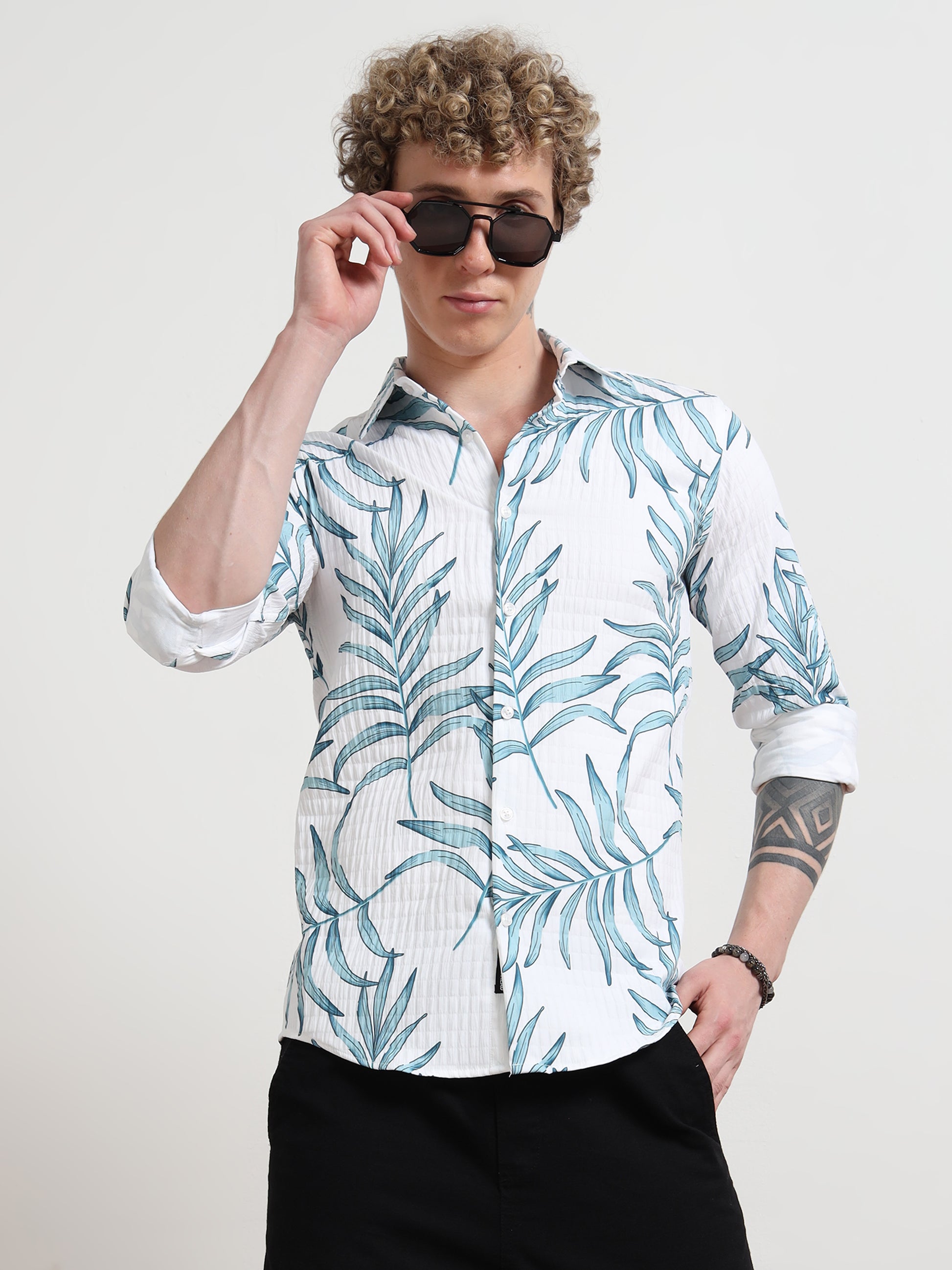 Full sleeve Leafy Blue Cotton Printed Shirt for Men