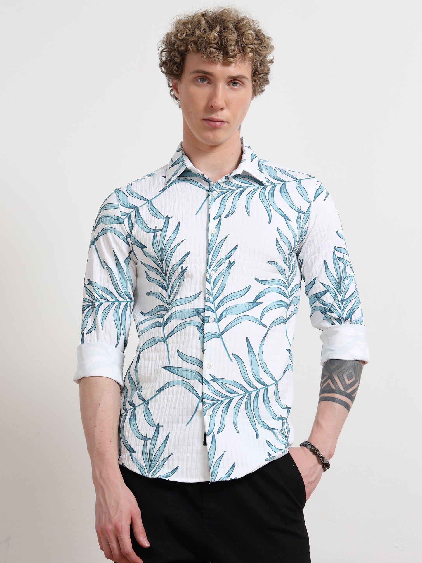 Full sleeve Leafy Blue Cotton Printed Shirt for Men