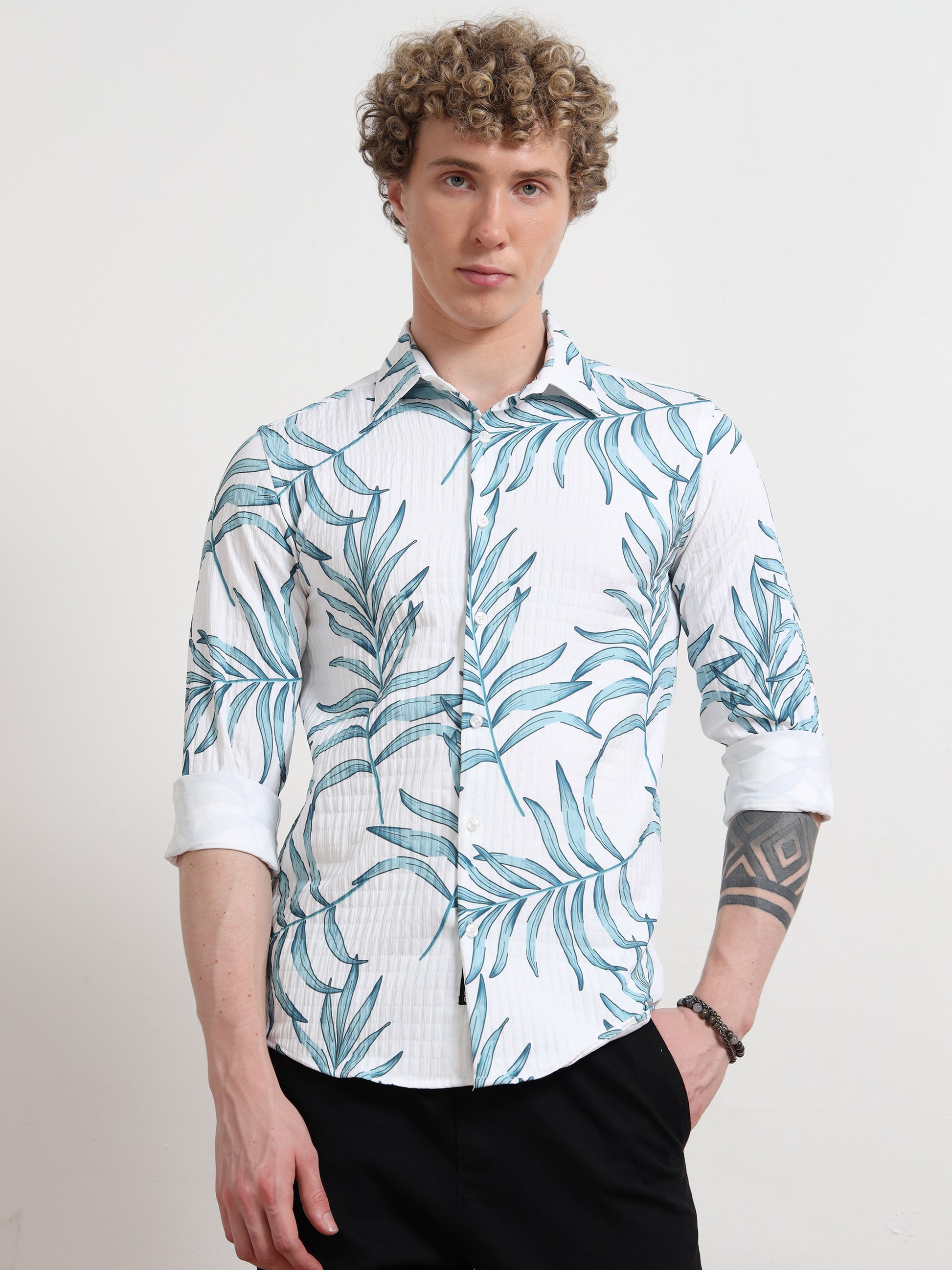Full sleeve Leafy Blue Cotton Printed Shirt for Men
