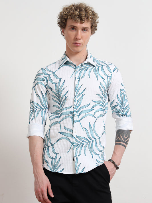 Leafy Blue Full sleeve Poly Cotton Digital Print Shirts