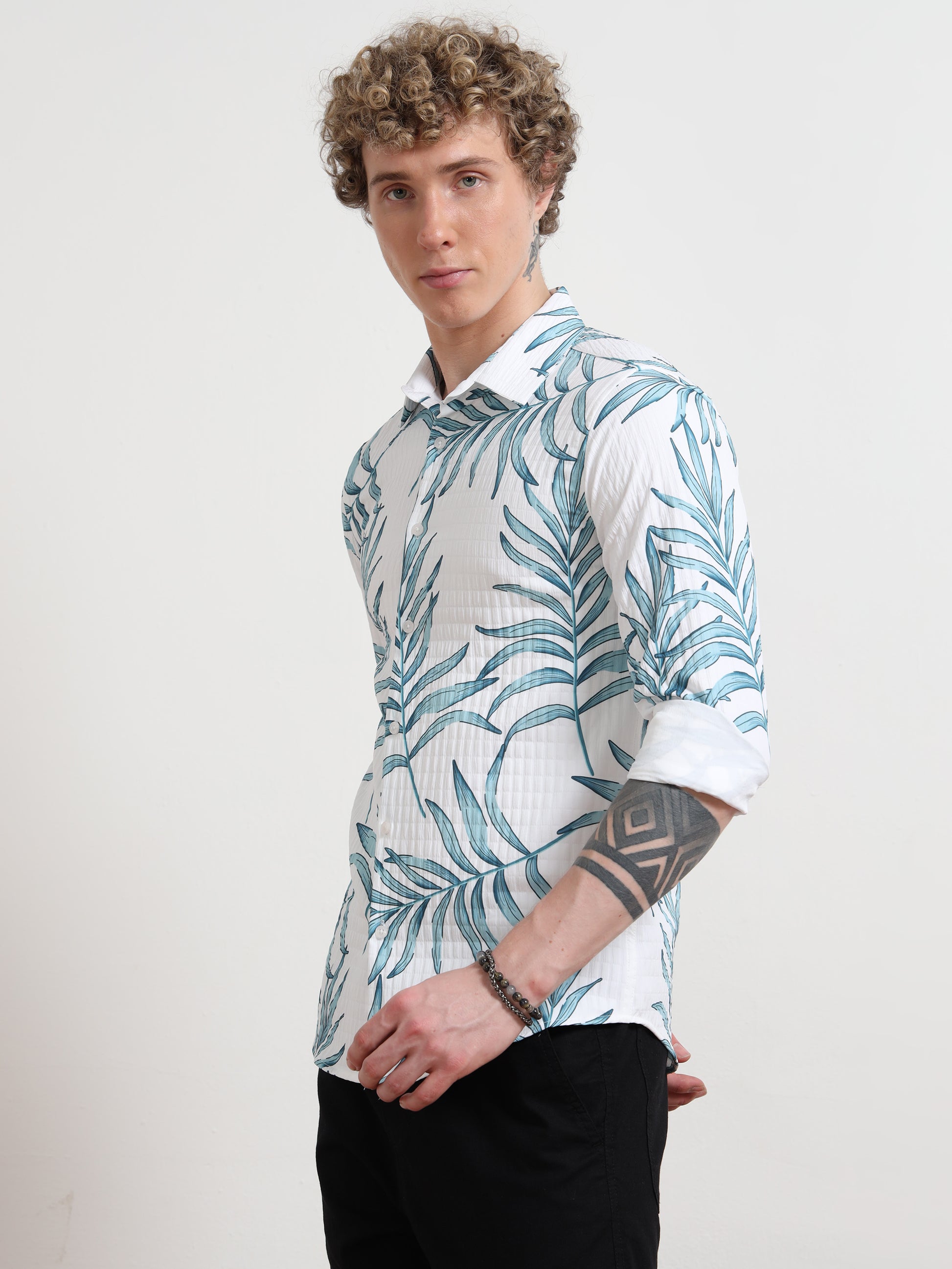 Full sleeve Leafy Blue Cotton Printed Shirt for Men