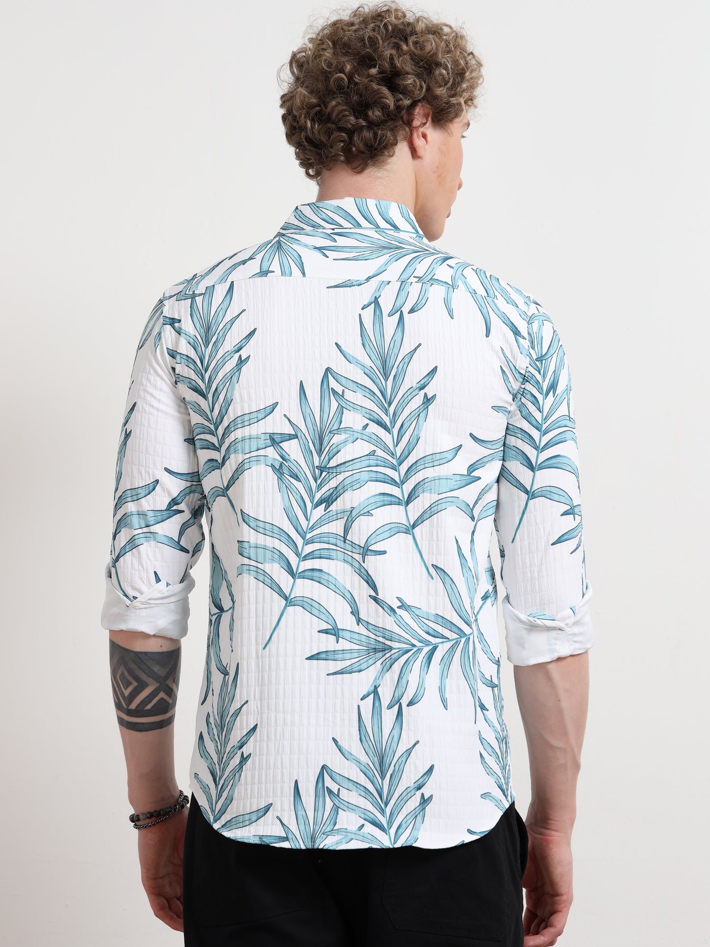 Full sleeve Leafy Blue Cotton Printed Shirt for Men