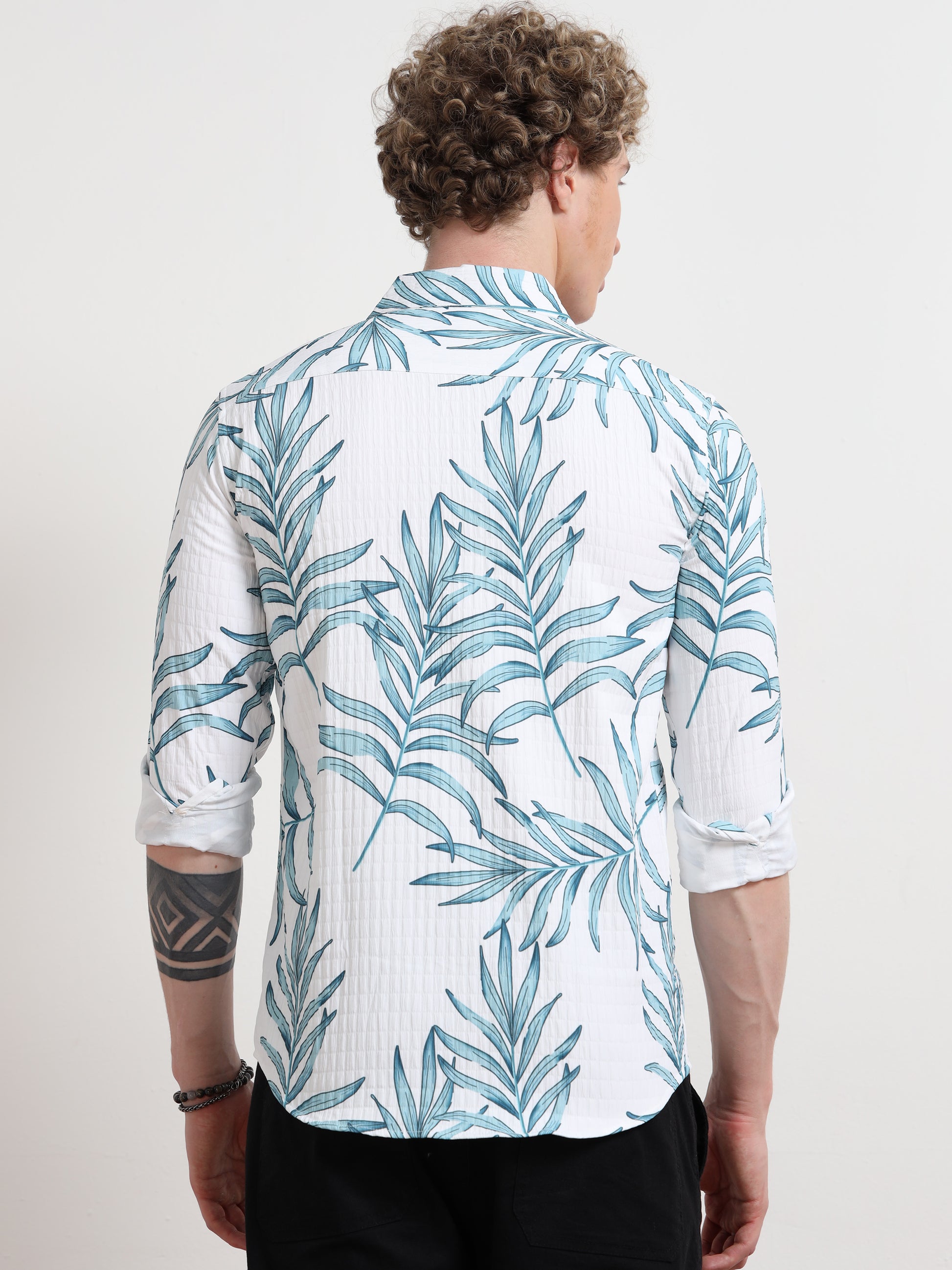 Full sleeve Leafy Blue Cotton Printed Shirt for Men