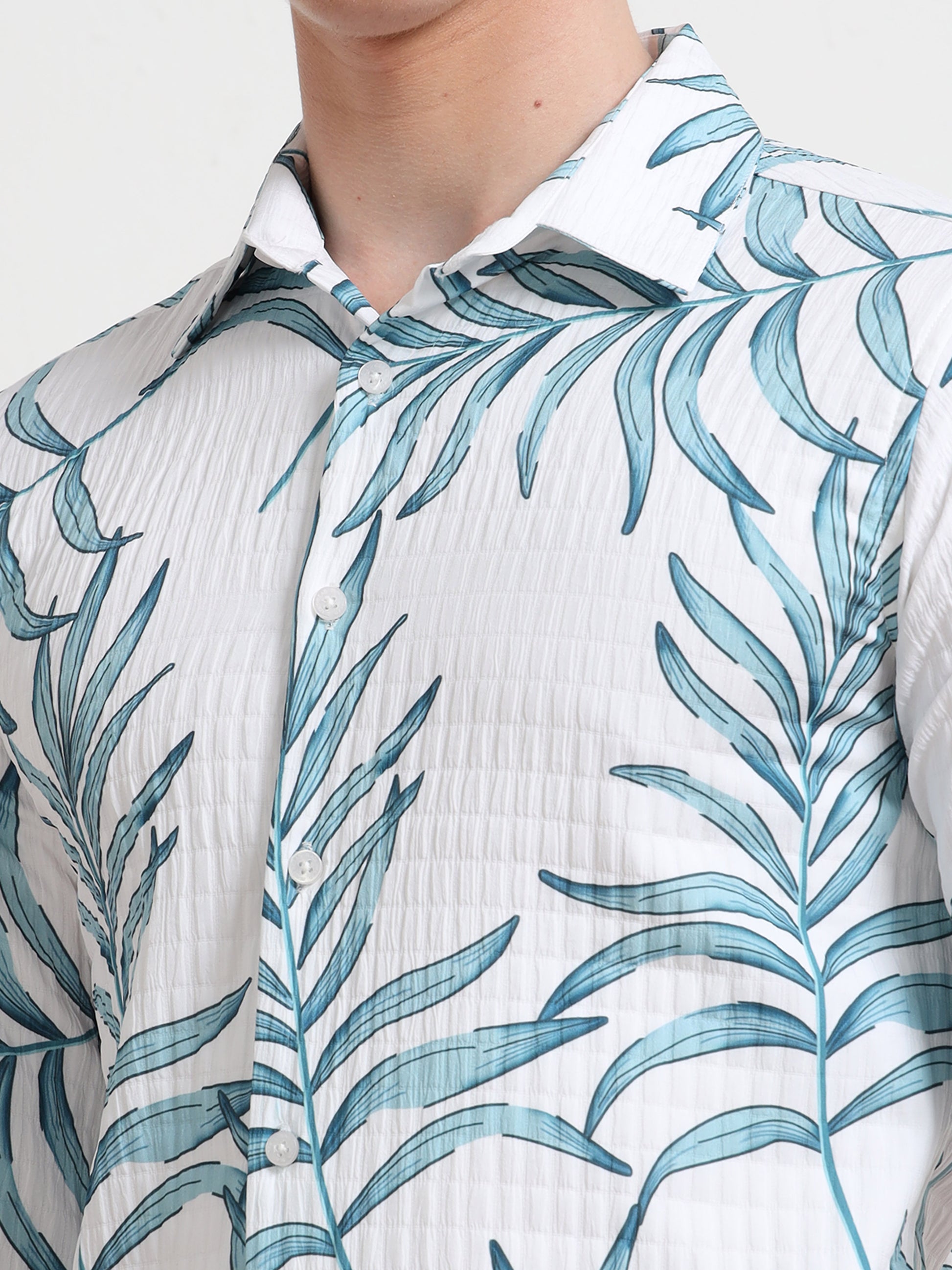 Full sleeve Leafy Blue Cotton Printed Shirt for Men