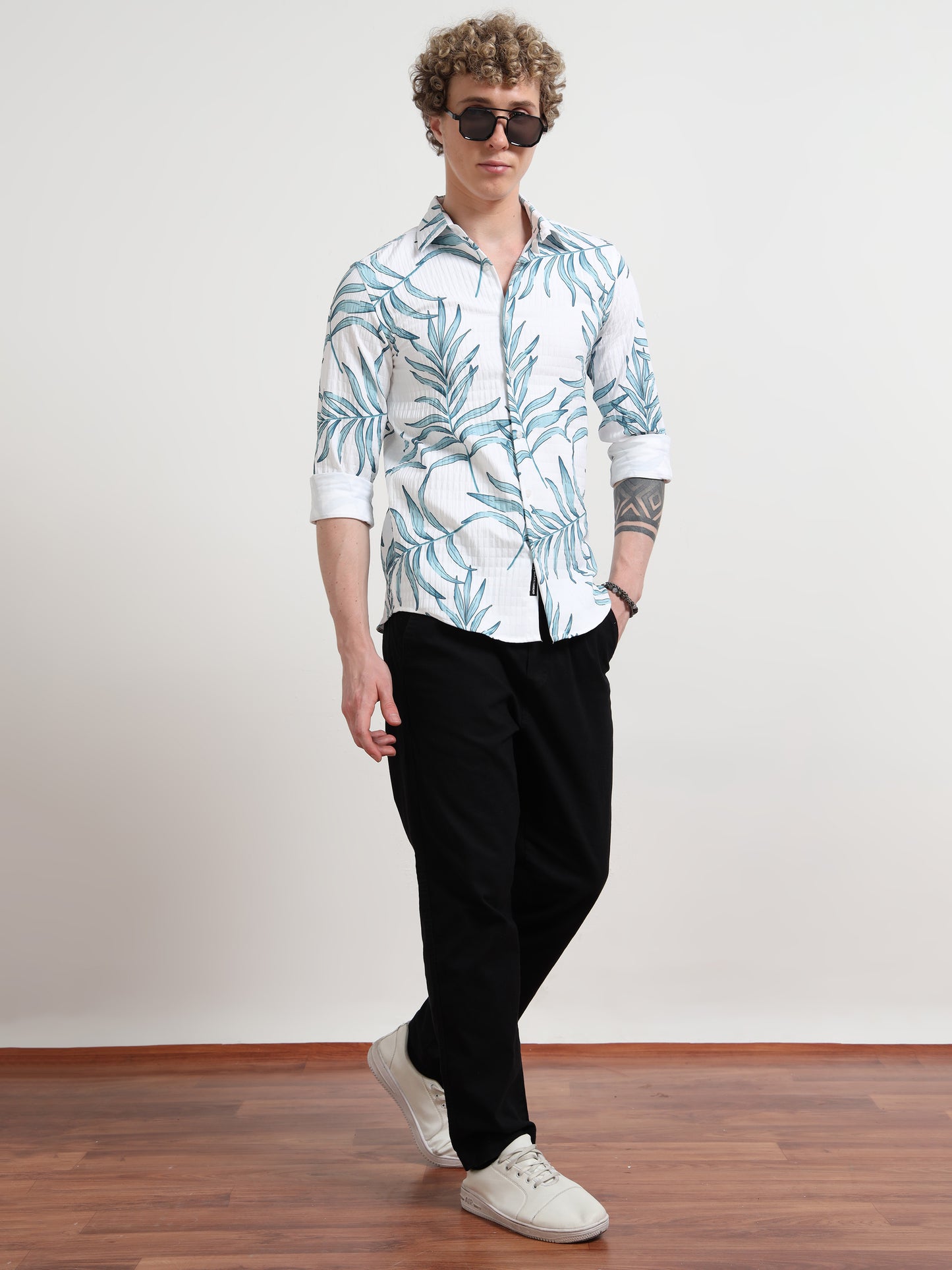 Full sleeve Leafy Blue Cotton Printed Shirt for Men