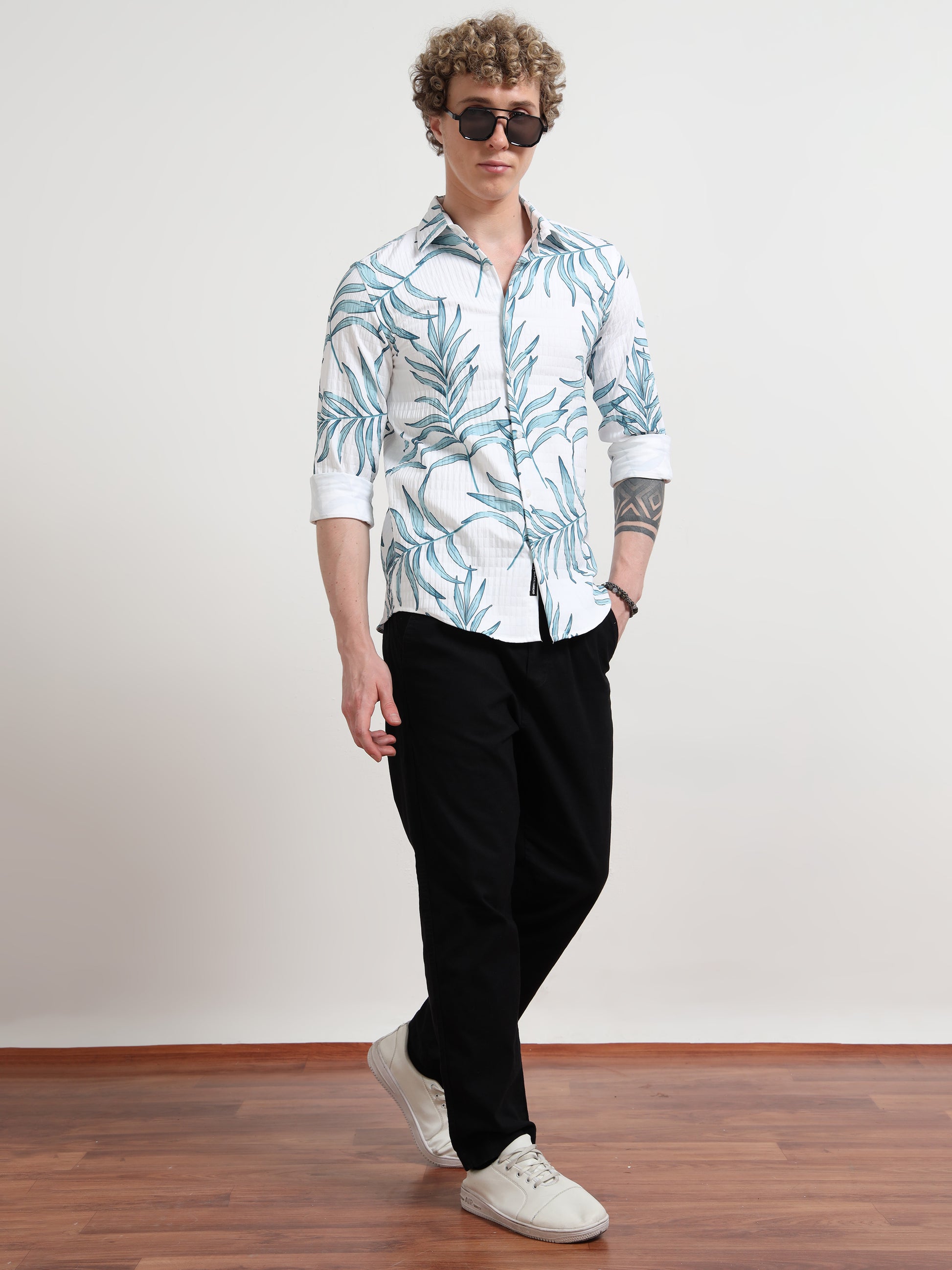 Full sleeve Leafy Blue Cotton Printed Shirt for Men