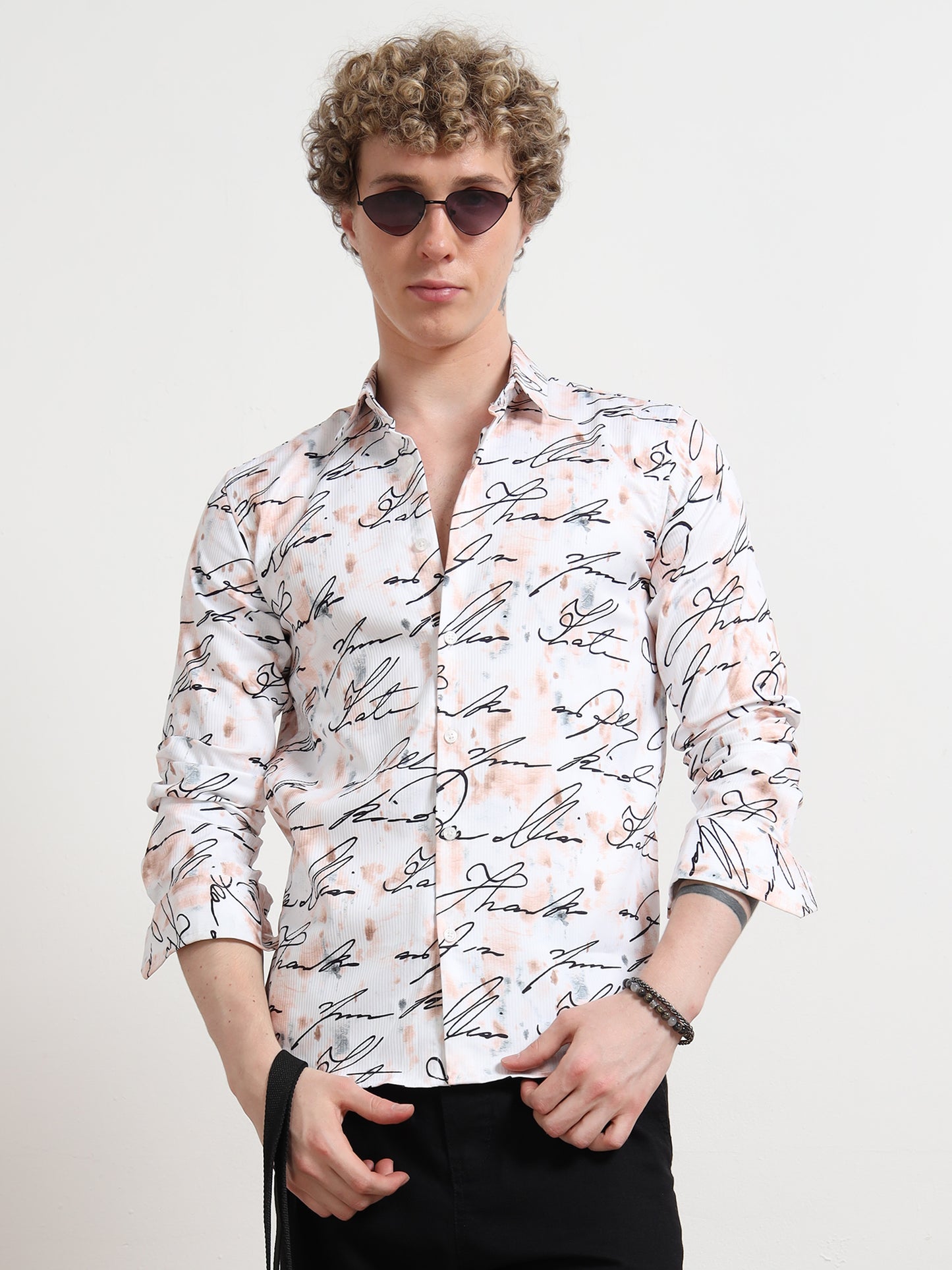 White calligraphy Full sleeve Poly Cotton Digital Print Shirts