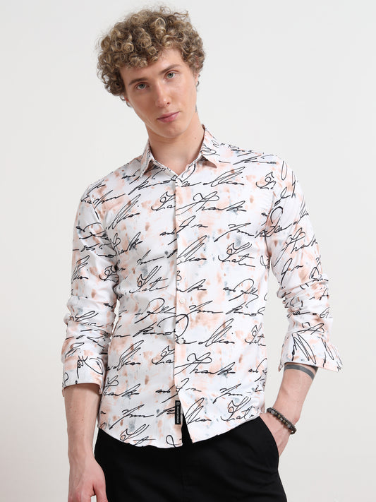 White calligraphy Full sleeve Poly Cotton Digital Print Shirts