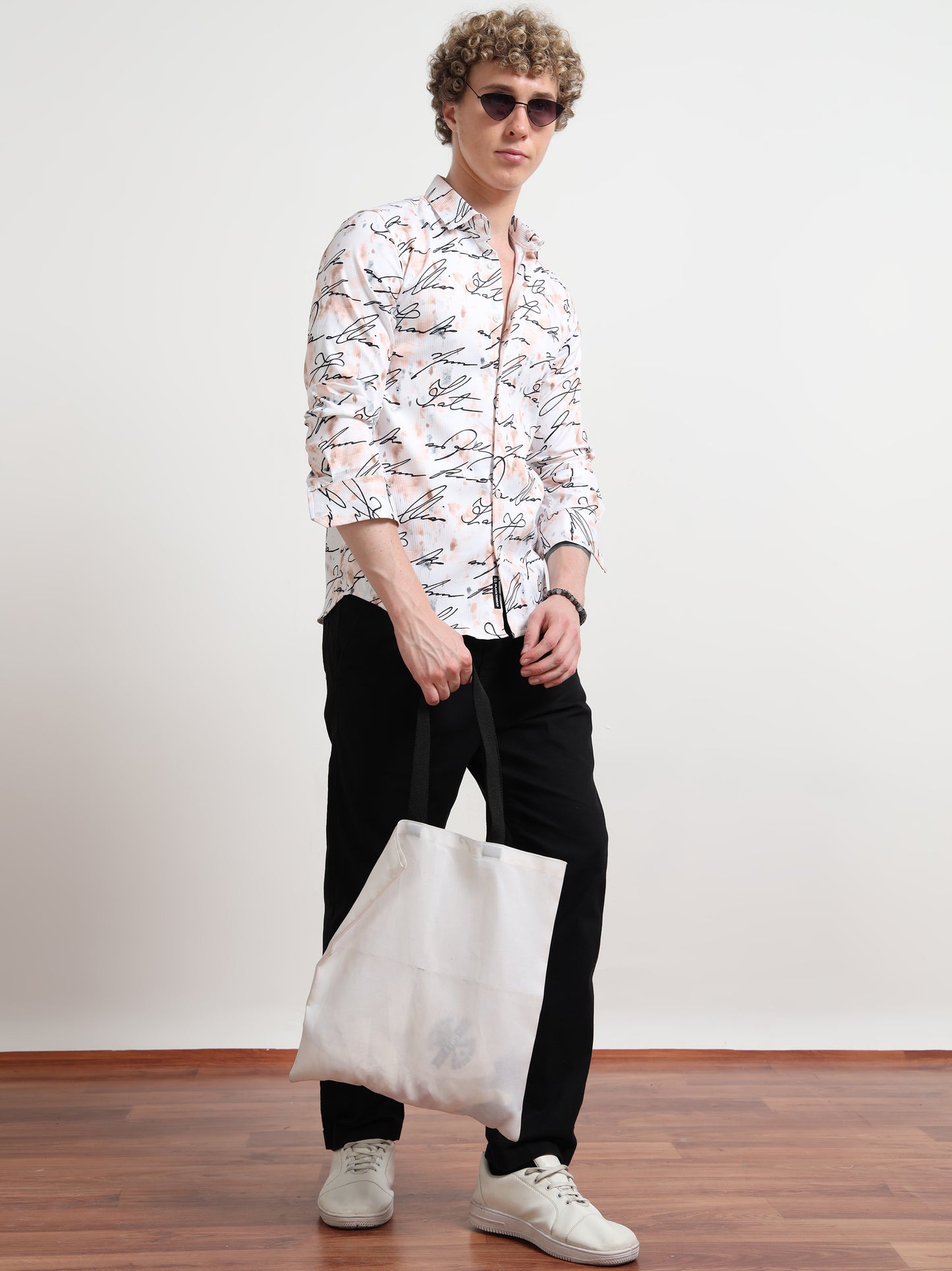 White calligraphy Full sleeve Poly Cotton Digital Print Shirts