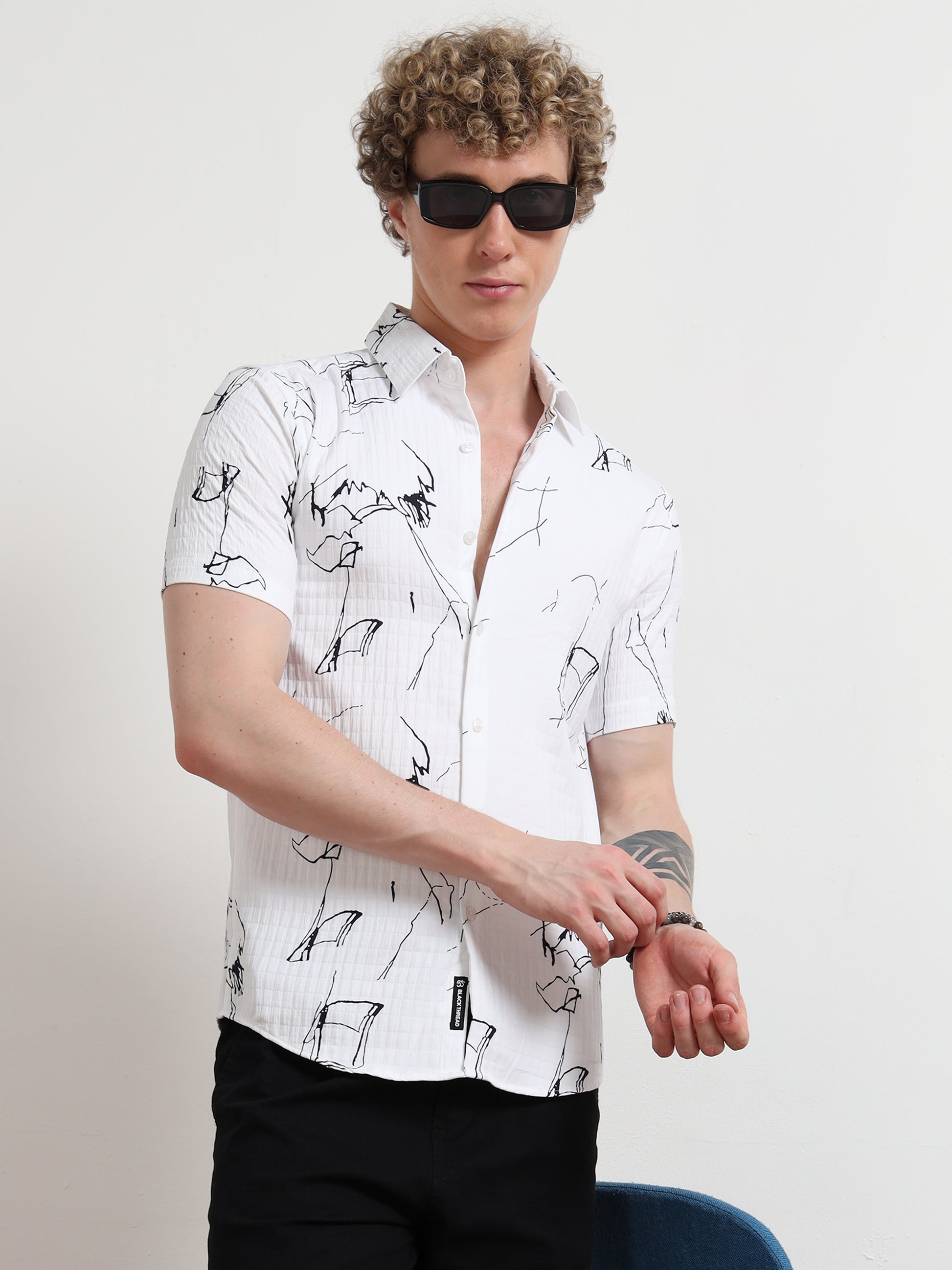 Half Sleeve Abstract White Shirt Black Print for Men