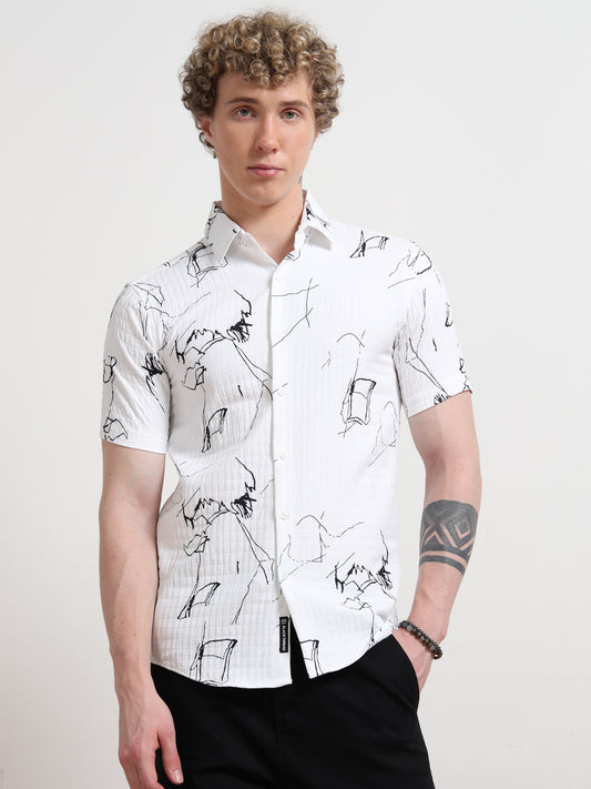 White abstract Half Sleeve Poly Cotton Digital Print Shirts