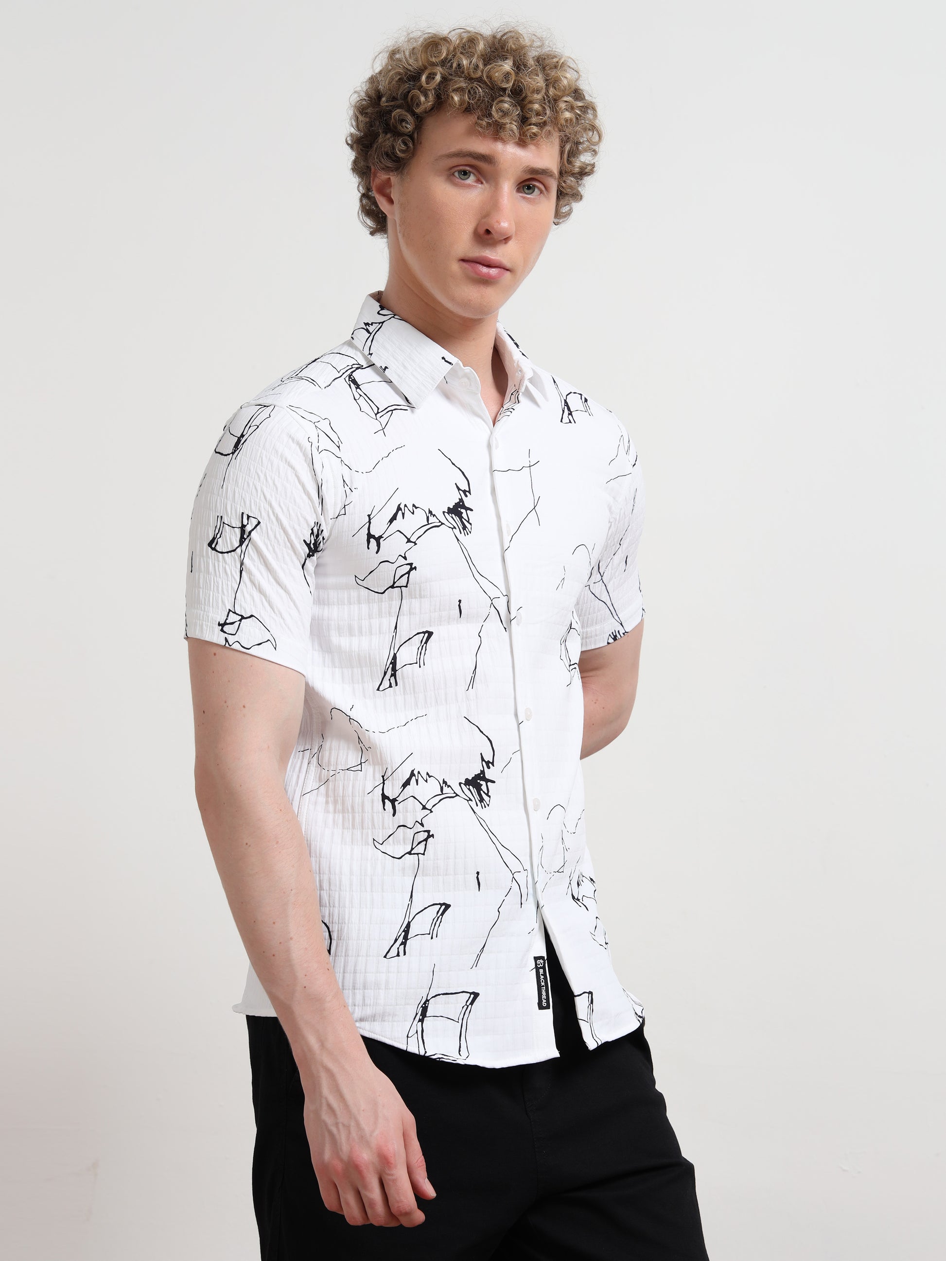 Half Sleeve Abstract White Shirt Black Print for Men
