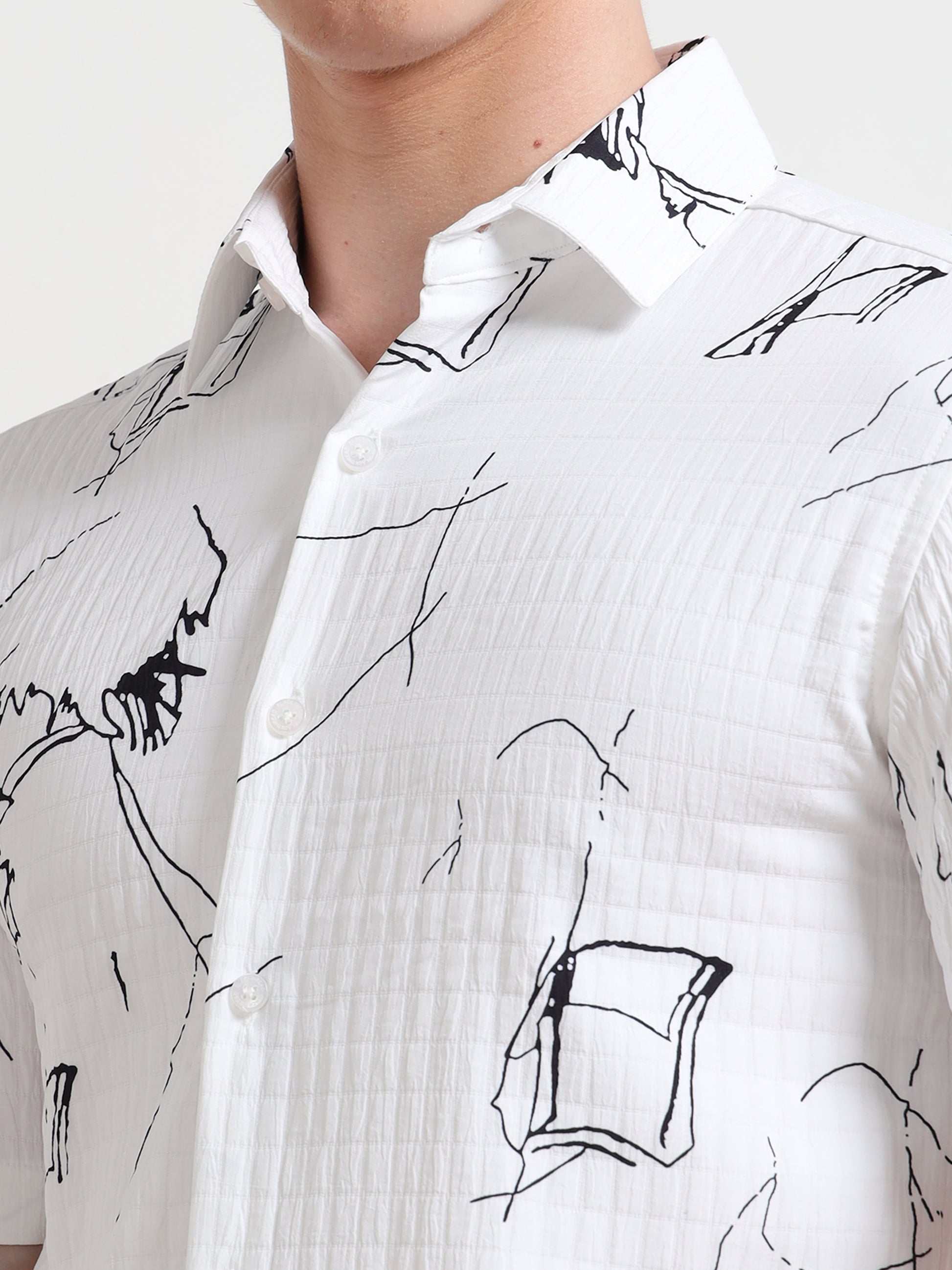 Half Sleeve Abstract White Shirt Black Print for Men
