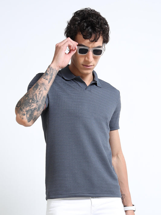 Men’s Textured Knit Polo – Slate Blue
