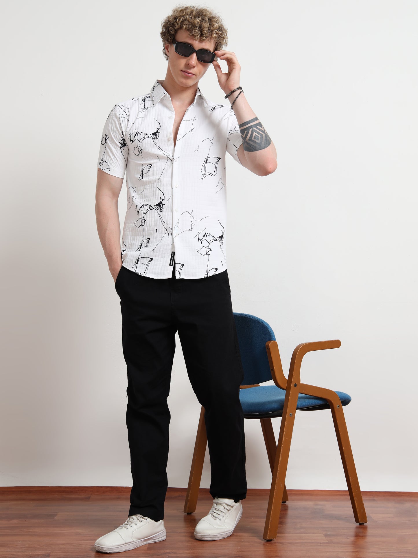 Half Sleeve Abstract White Shirt Black Print for Men