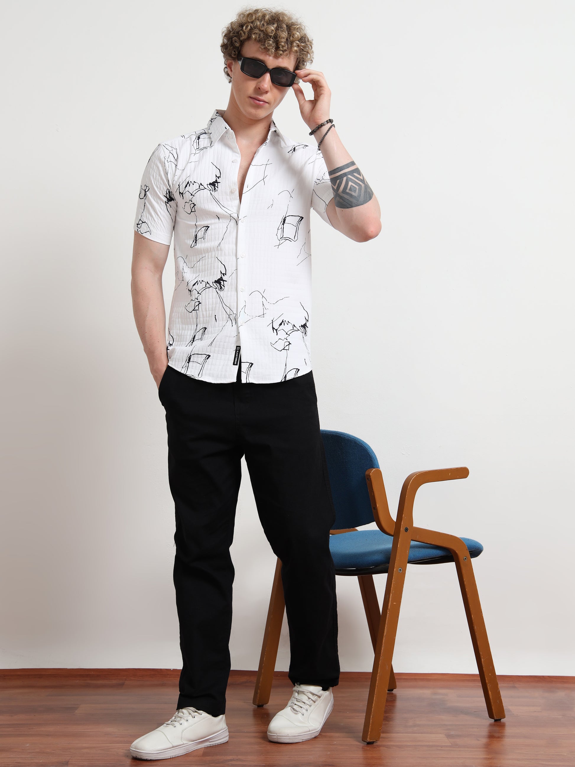 Half Sleeve Abstract White Shirt Black Print for Men