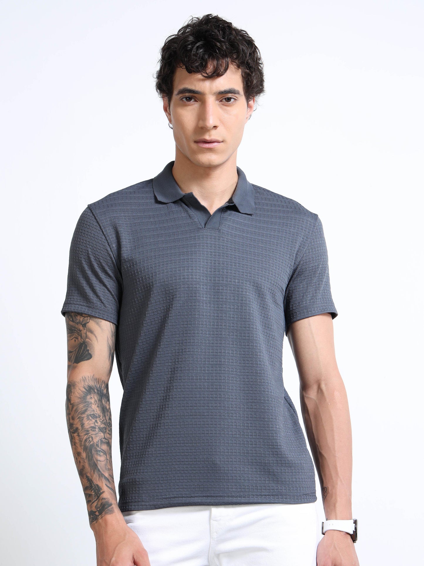 Men’s Textured Knit Polo – Slate Blue