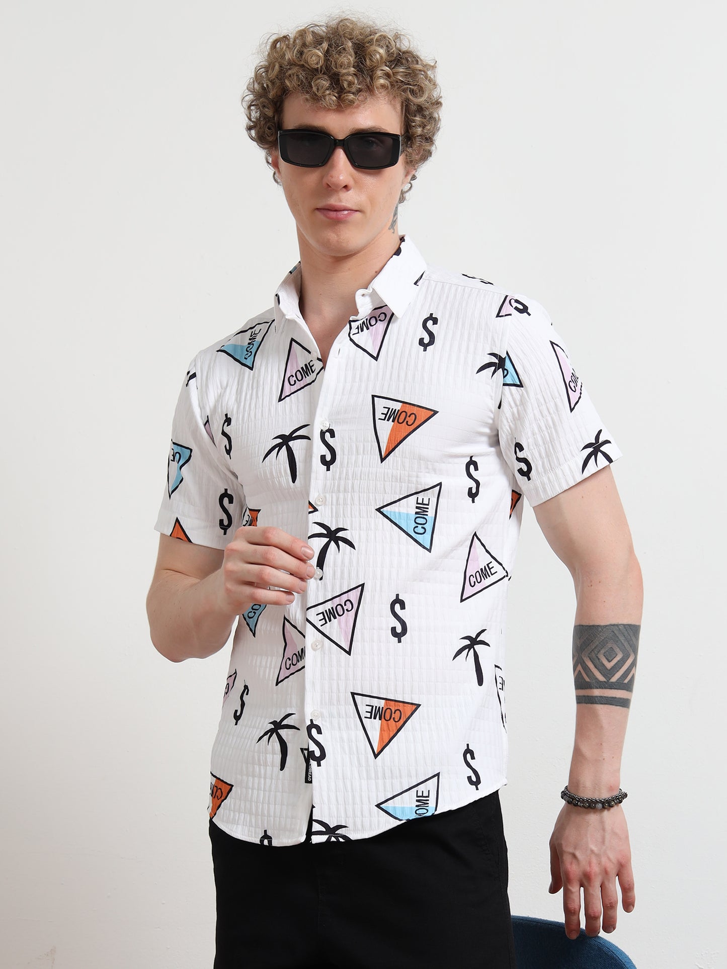 White Dollar Half Sleeve Poly Cotton Digital Print Shirts