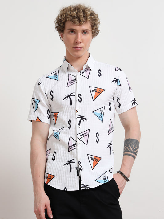 White Dollar Half Sleeve Poly Cotton Digital Print Shirts