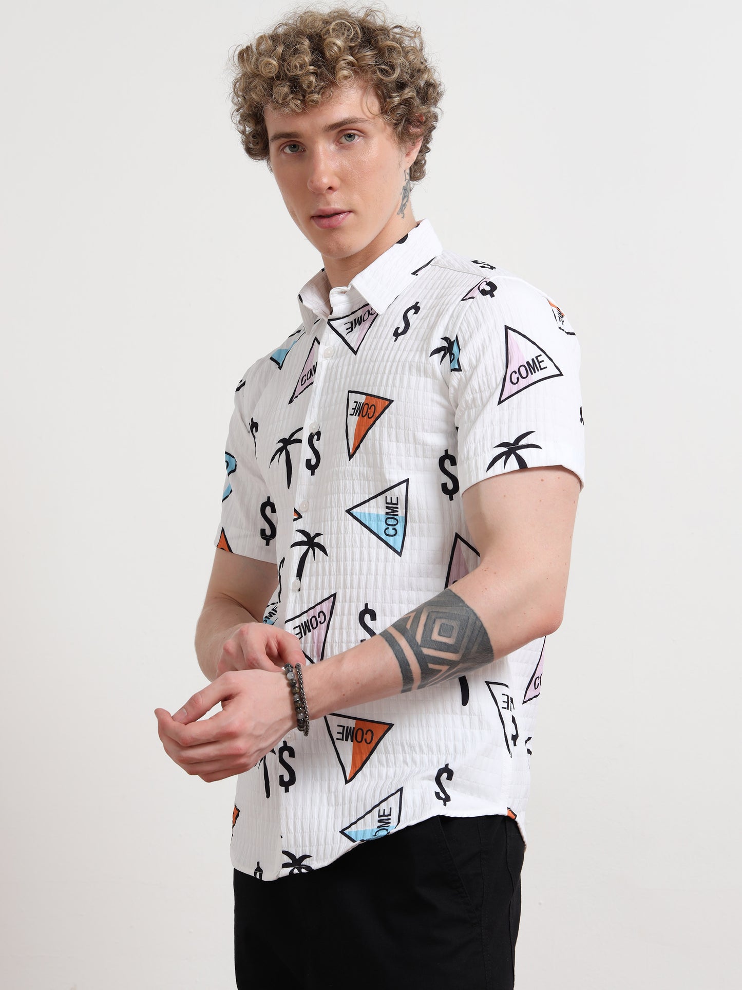 White Dollar Half Sleeve Poly Cotton Digital Print Shirts