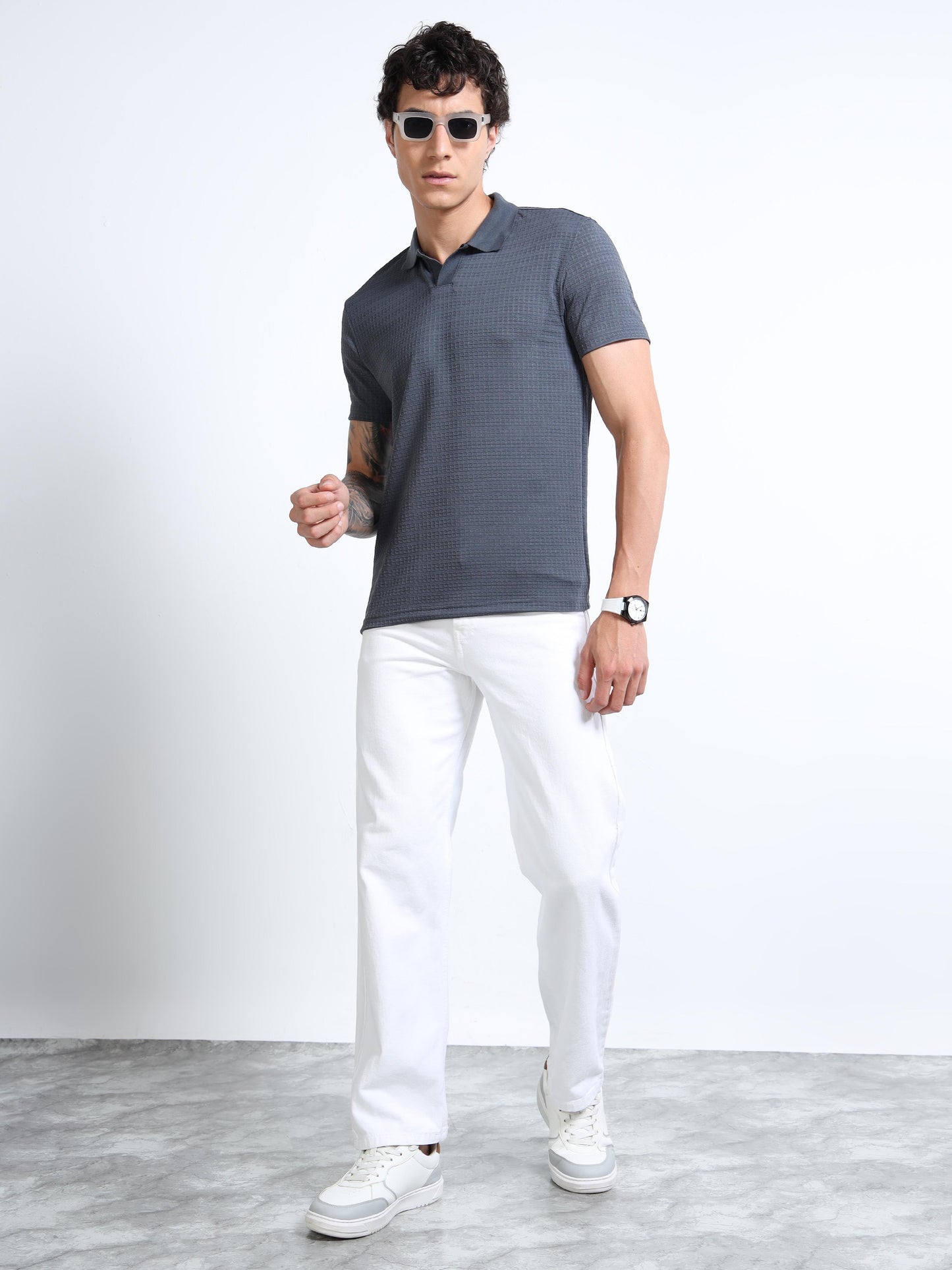 Men’s Textured Knit Polo – Slate Blue