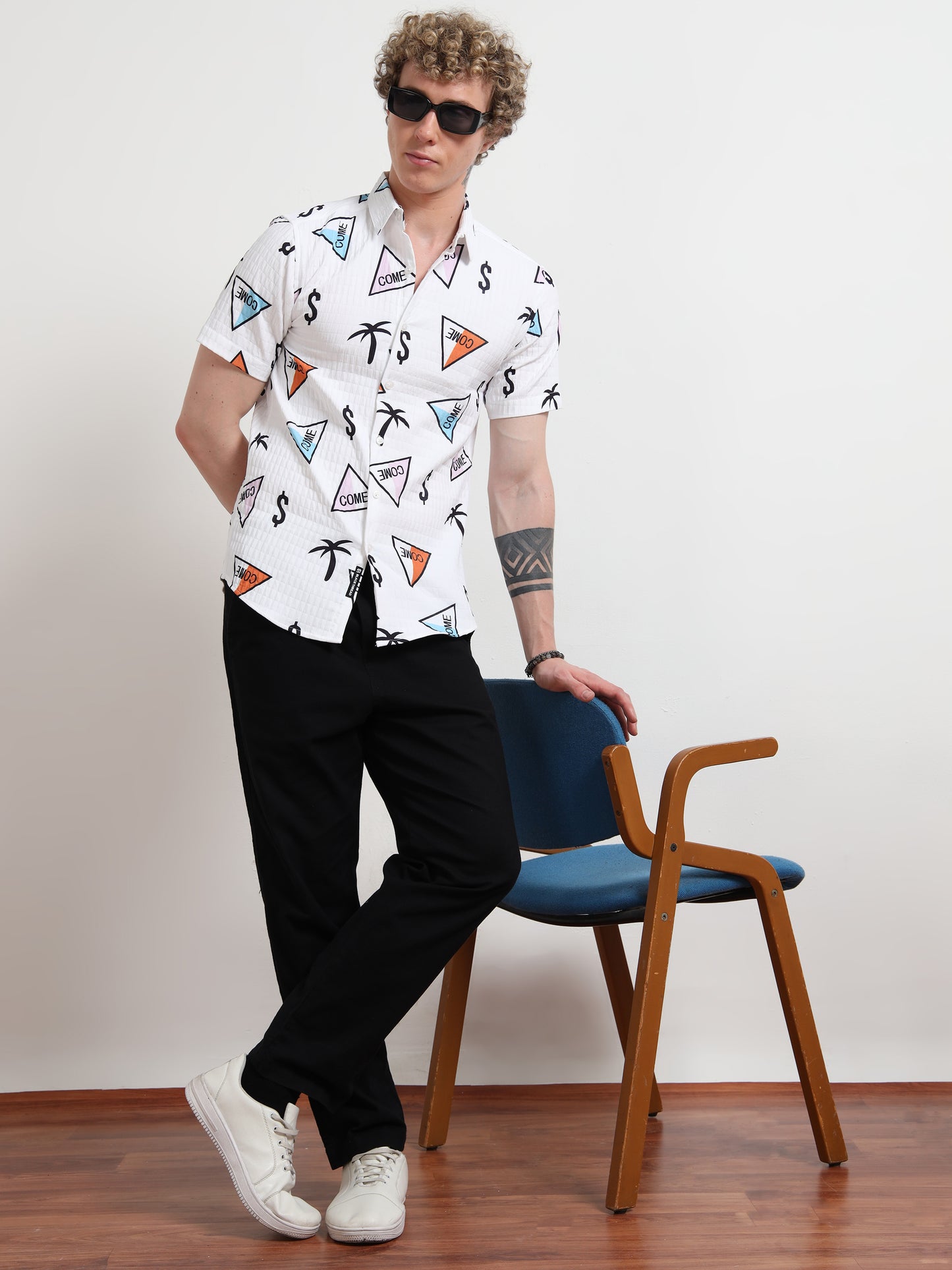 White Dollar Half Sleeve Poly Cotton Digital Print Shirts