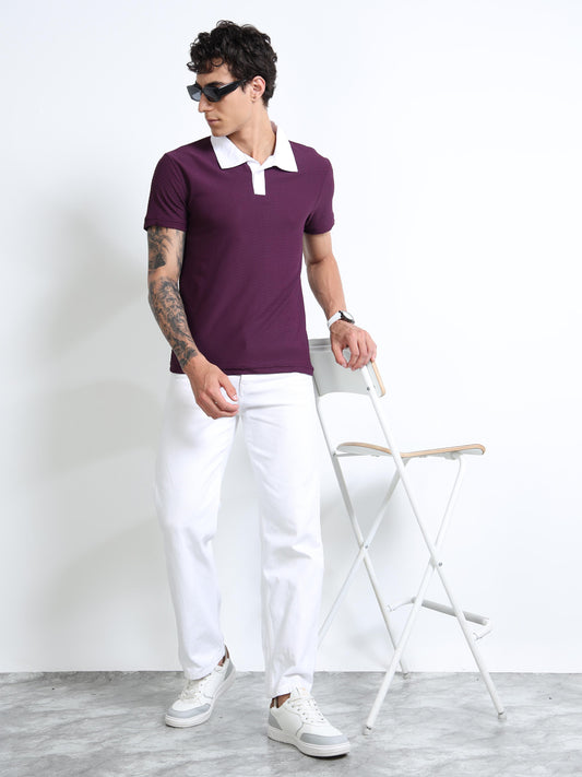 Men’s Contrast-Collar Textured Polo – Plum/White