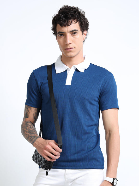 Men’s Contrast-Collar Textured Polo – Royal Blue/White