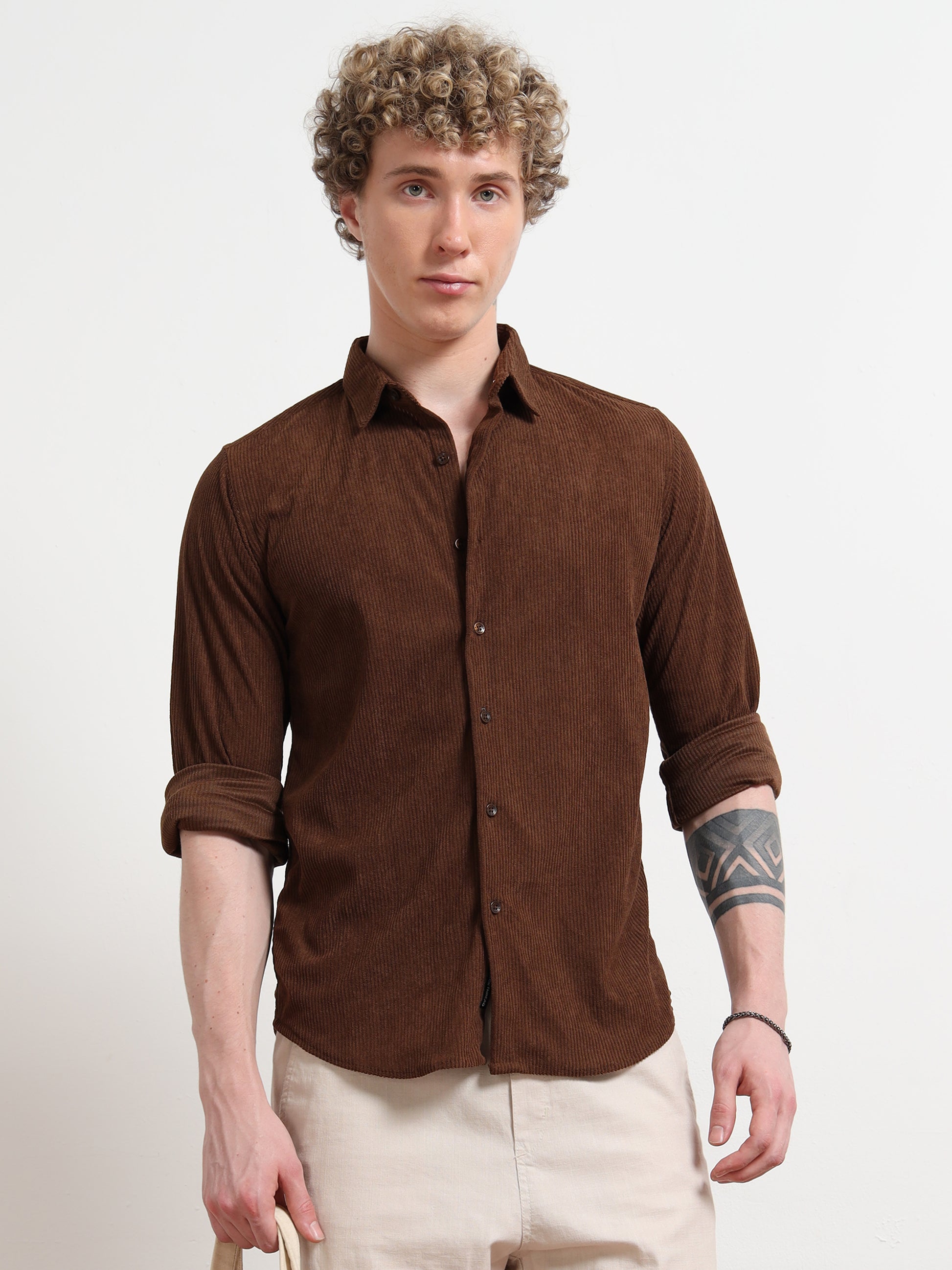 Full Sleeve Mens Brown Corduroy Shirt