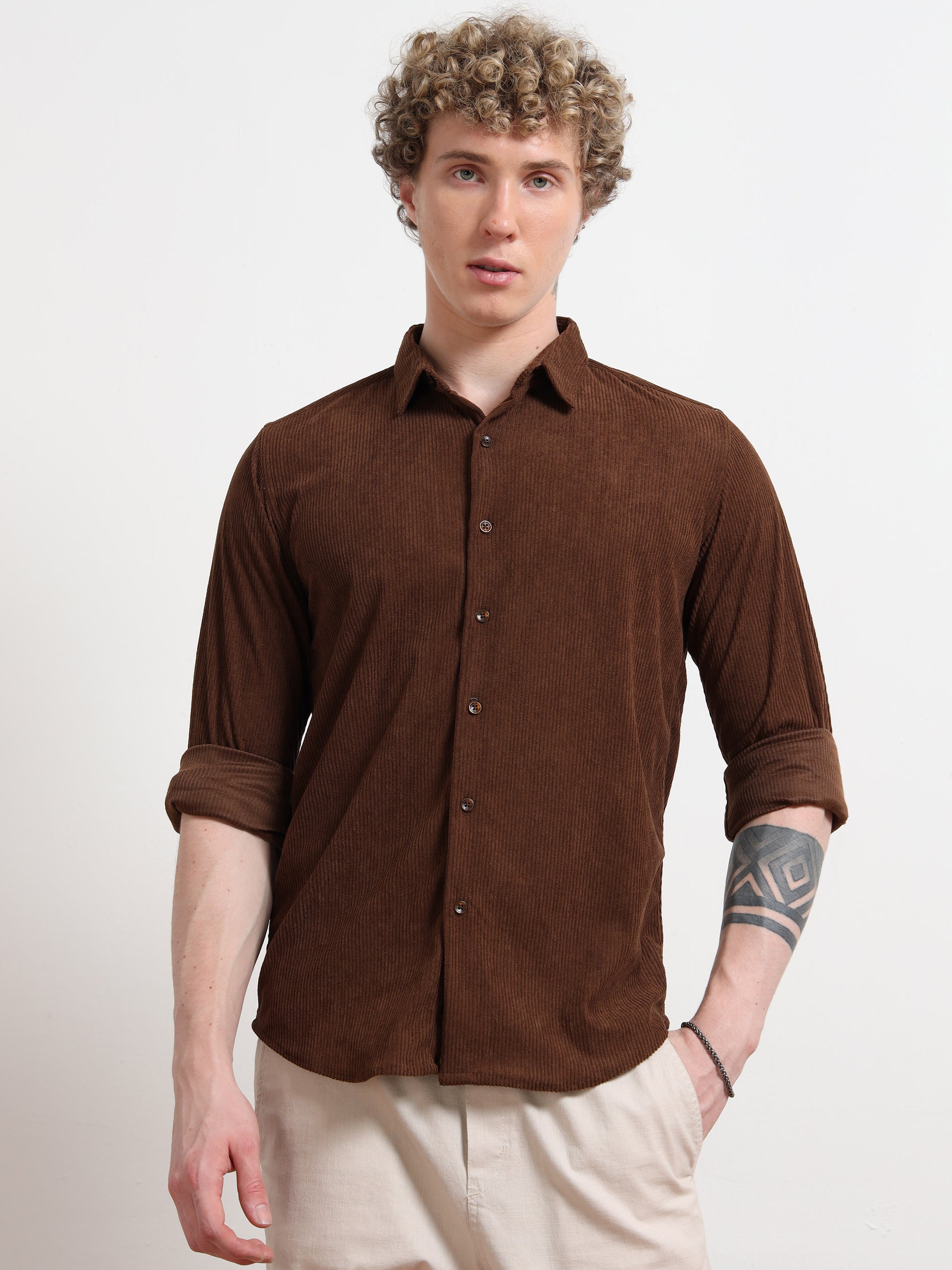 Full Sleeve Mens Brown Corduroy Shirt