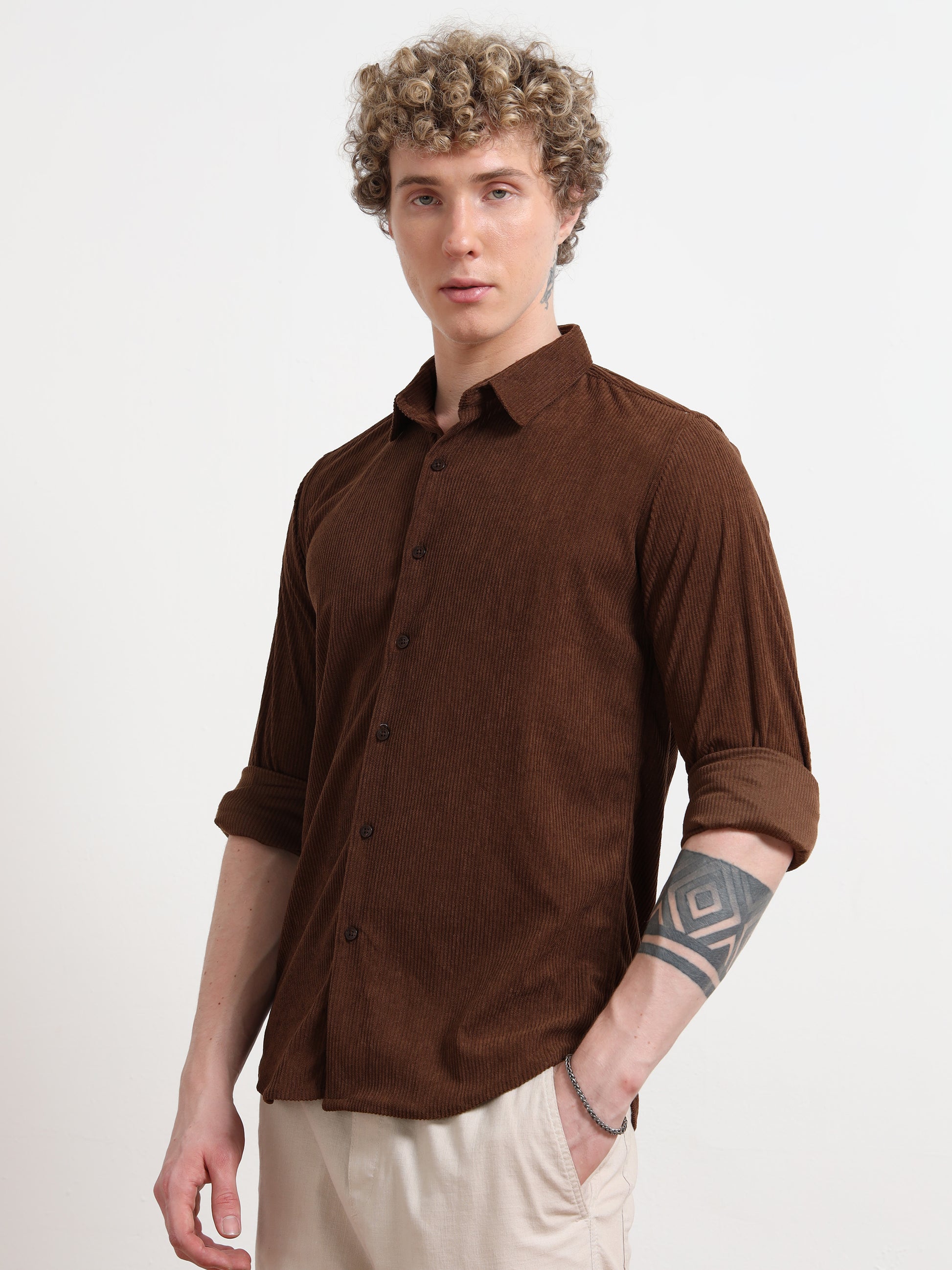 Full Sleeve Mens Brown Corduroy Shirt
