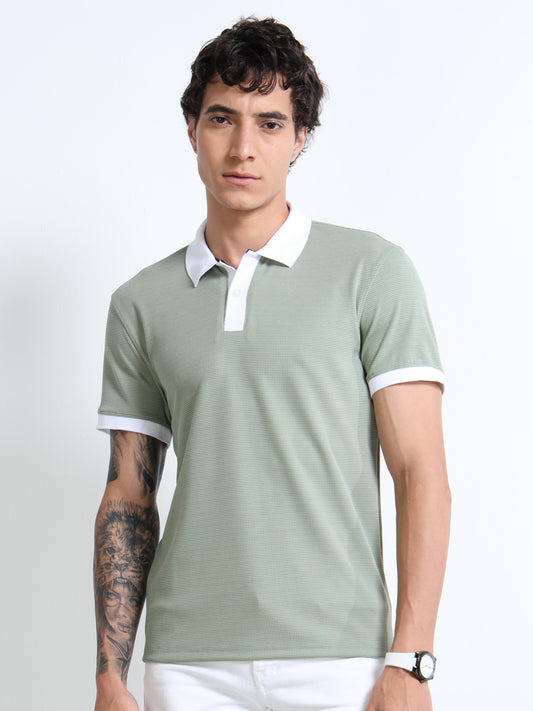 Men’s Contrast-Collar Textured Polo – Sage/White