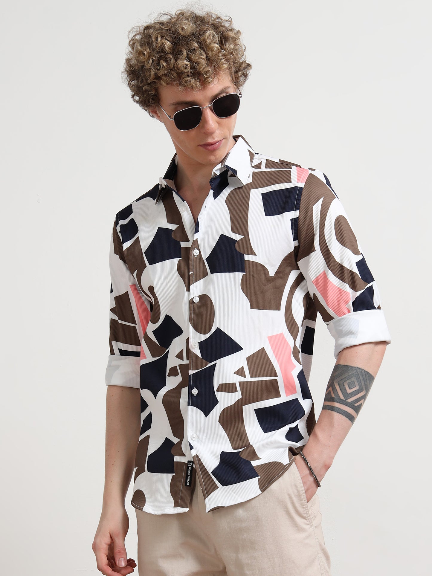 Cream Mix Full sleeve Poly Cotton Digital Print Shirts