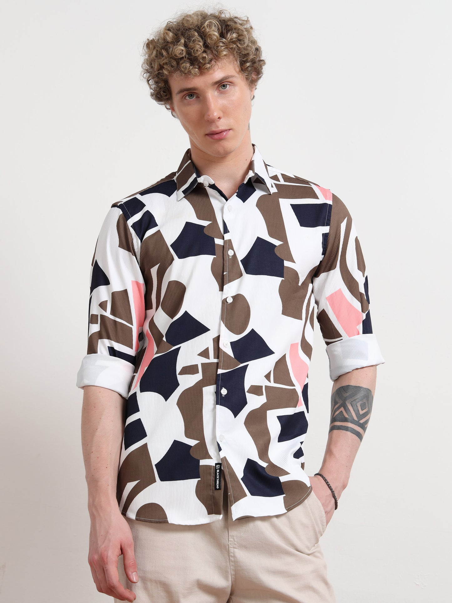 Cream Mix Full sleeve Poly Cotton Digital Print Shirts