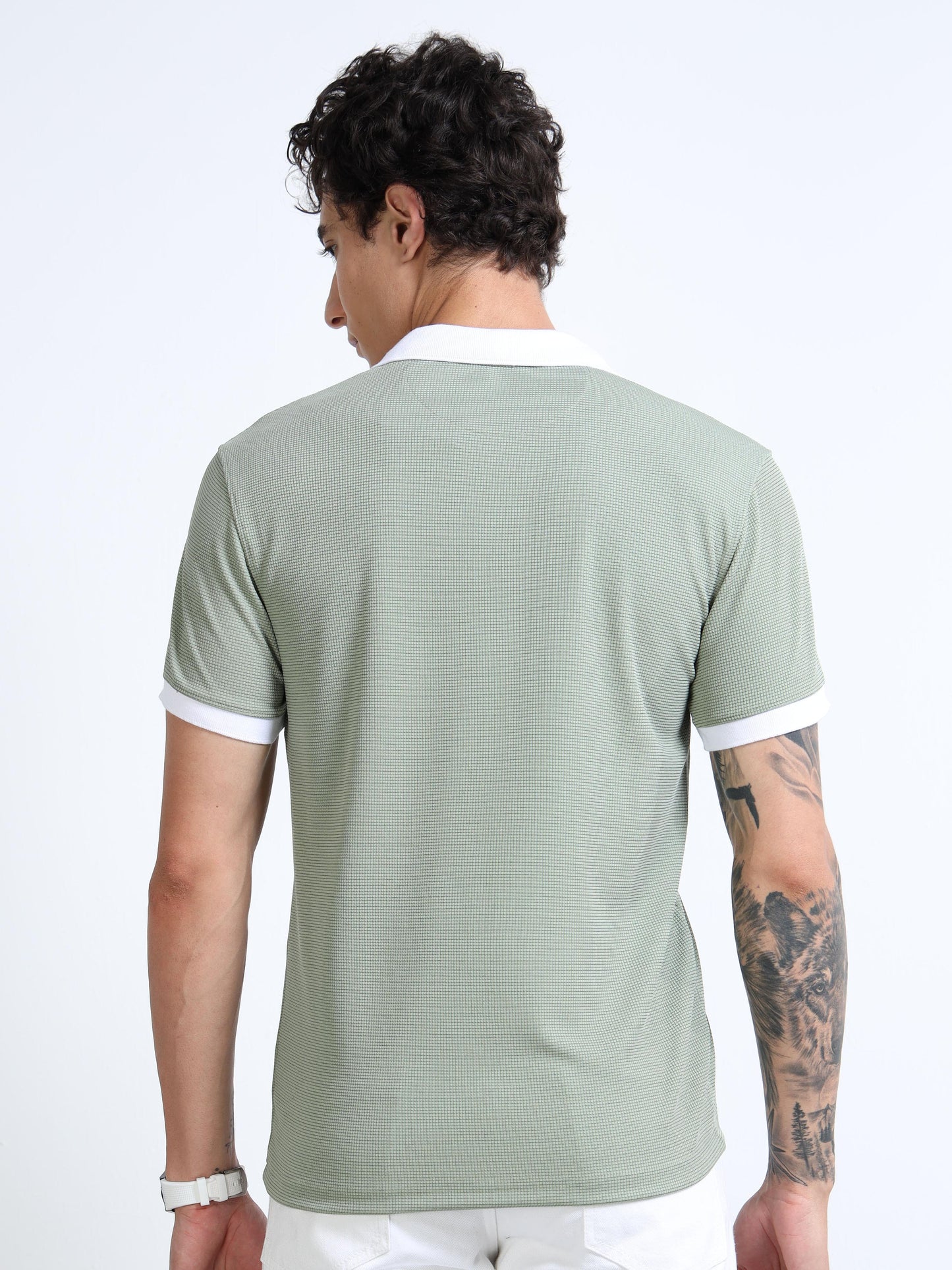 Men’s Contrast-Collar Textured Polo – Sage/White