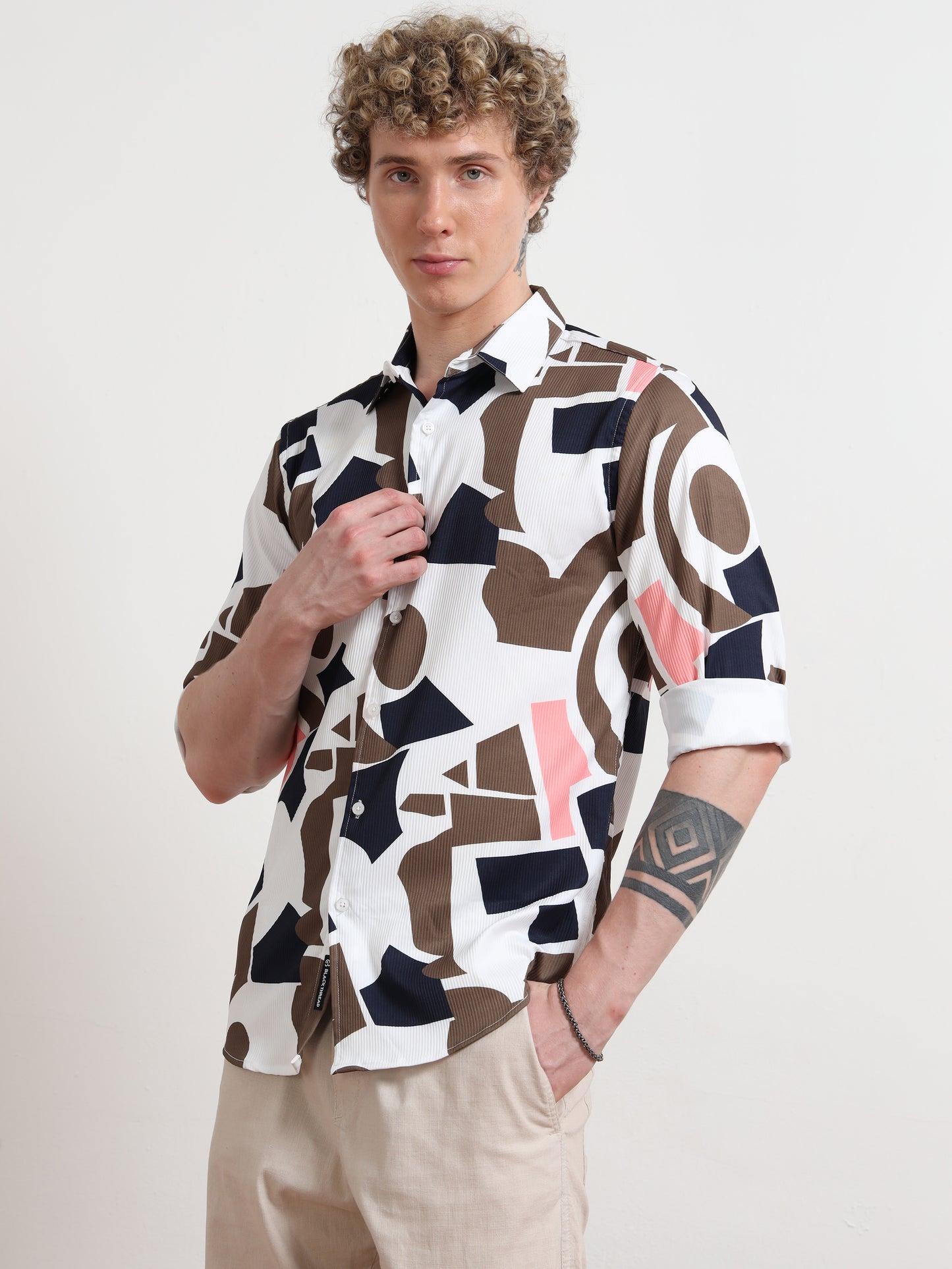 Cream Mix Full sleeve Poly Cotton Digital Print Shirts