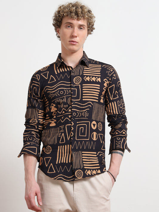 Aesthetic Black Full sleeve Poly Cotton Digital Print Shirts