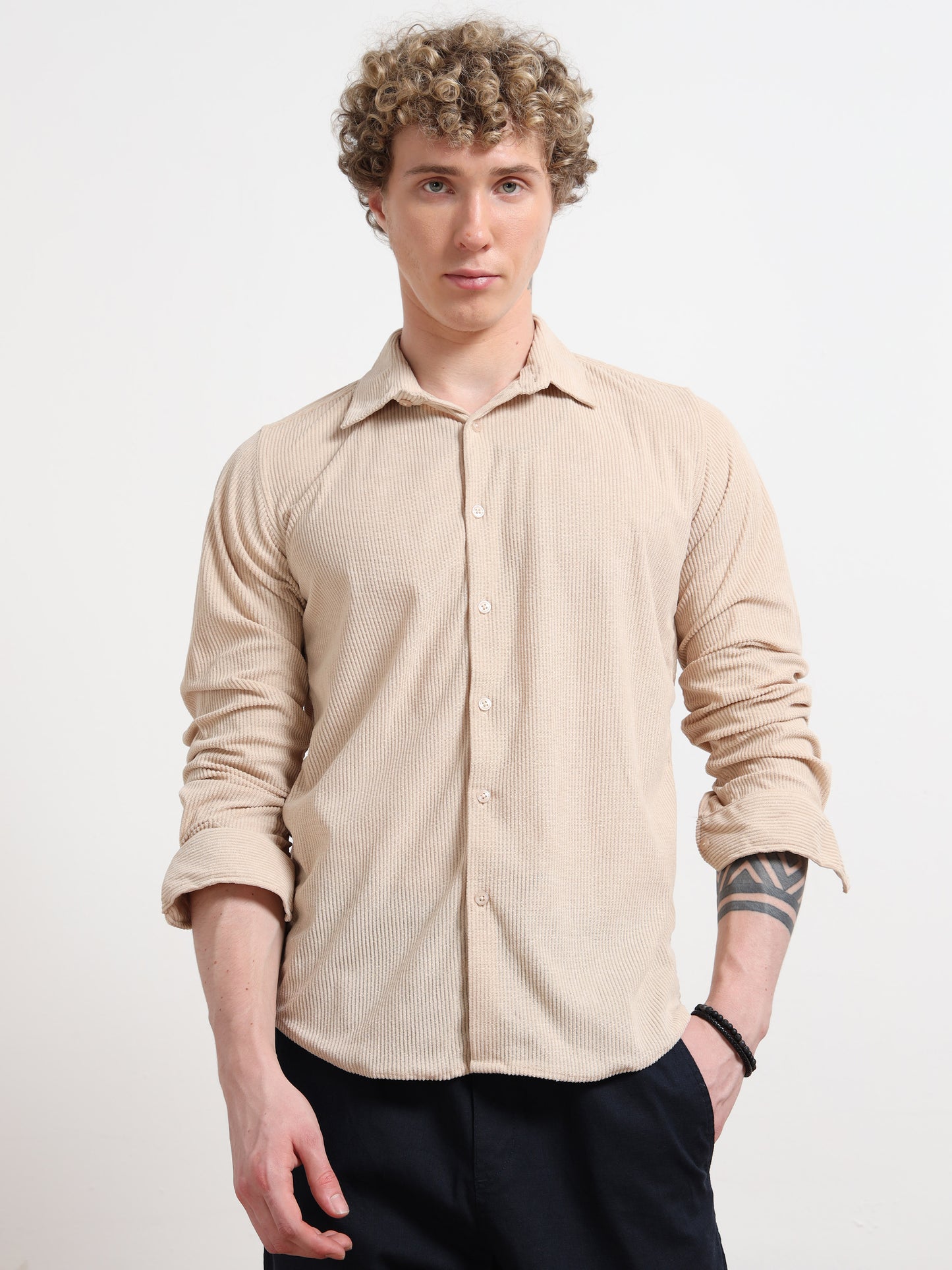 Beige Full sleeve Corduroy Shirts