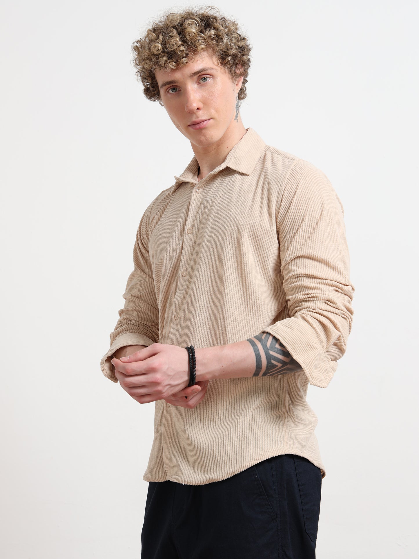 Beige Full sleeve Corduroy Shirts
