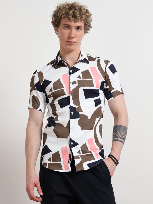 Cream Mix Half Sleeve Poly Cotton Digital Print Shirts