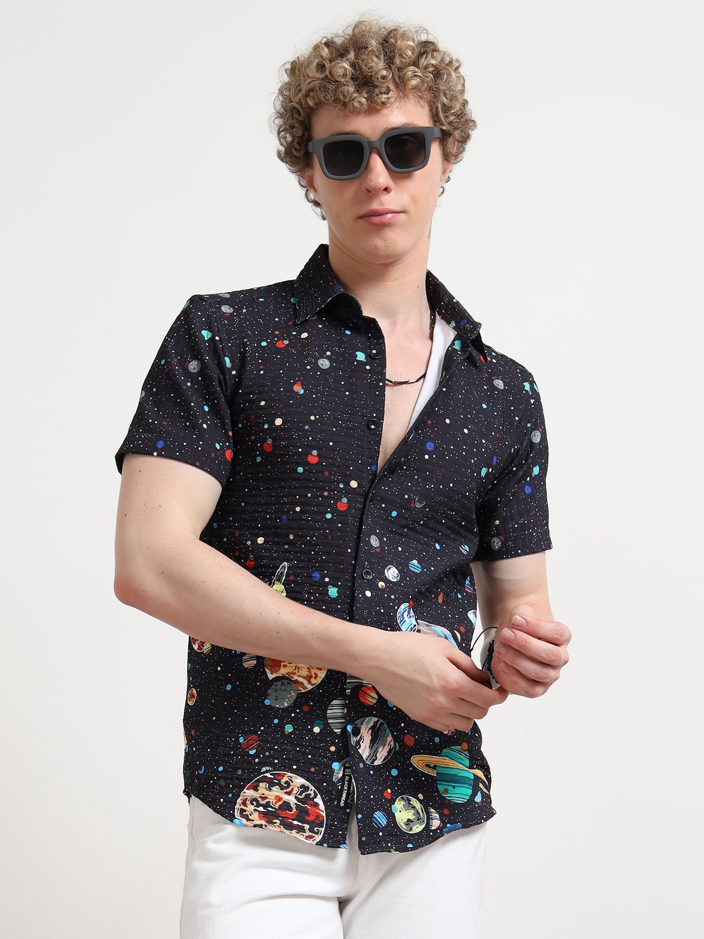 Space Half Sleeve Poly Cotton Digital Print Shirts